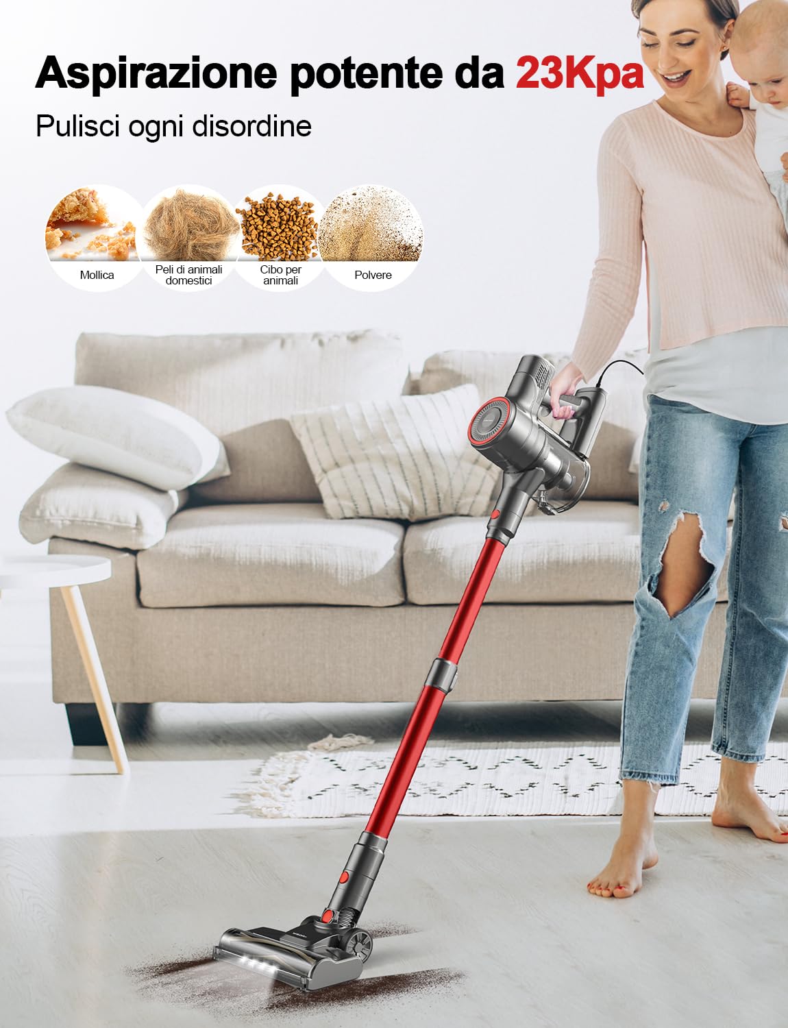 YISORA Aspirapolvere con Filo, Scopa Elettrica con filo 6 in 1 Aspirapolvere e Aspira Briciole, 23kPa 600 W, Lunghezza Cavo 6m, Senza sacco, per Pavimenti duri, tappeti, peli di Animali Domestici (I8