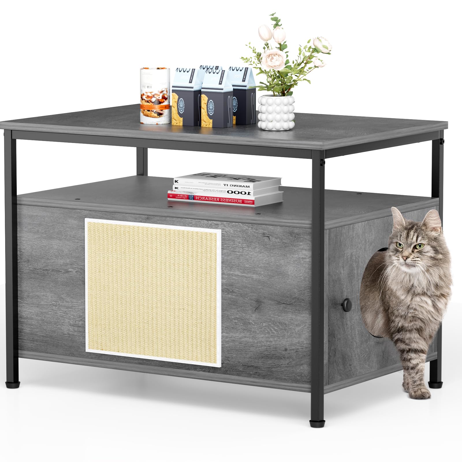 MAMIZO Mobile Lettiera per Gatti, Casetta in Legno, 80 x 50 x 59 cm, Armadietto per Gatti, Casa per Gatto Multifunzione con Ripiano Aperto, (Grigio, XL)