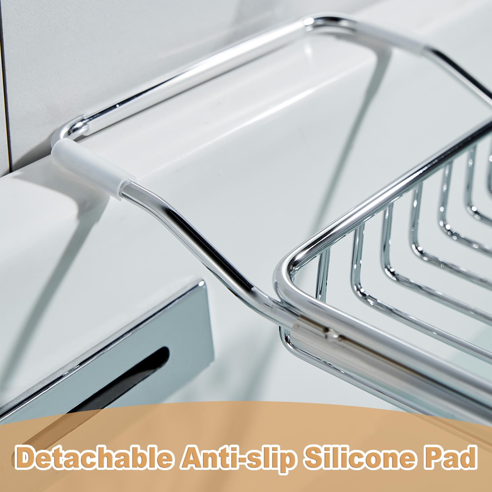 Badewannen-Caddy aus Edelstahl, erweiterbarer Badewannentablett, Tisch, verstellbares Badezimmer-Tablett, Badewannen-Organizer, Wannenregal, Silber, 67 - 89,9 cm