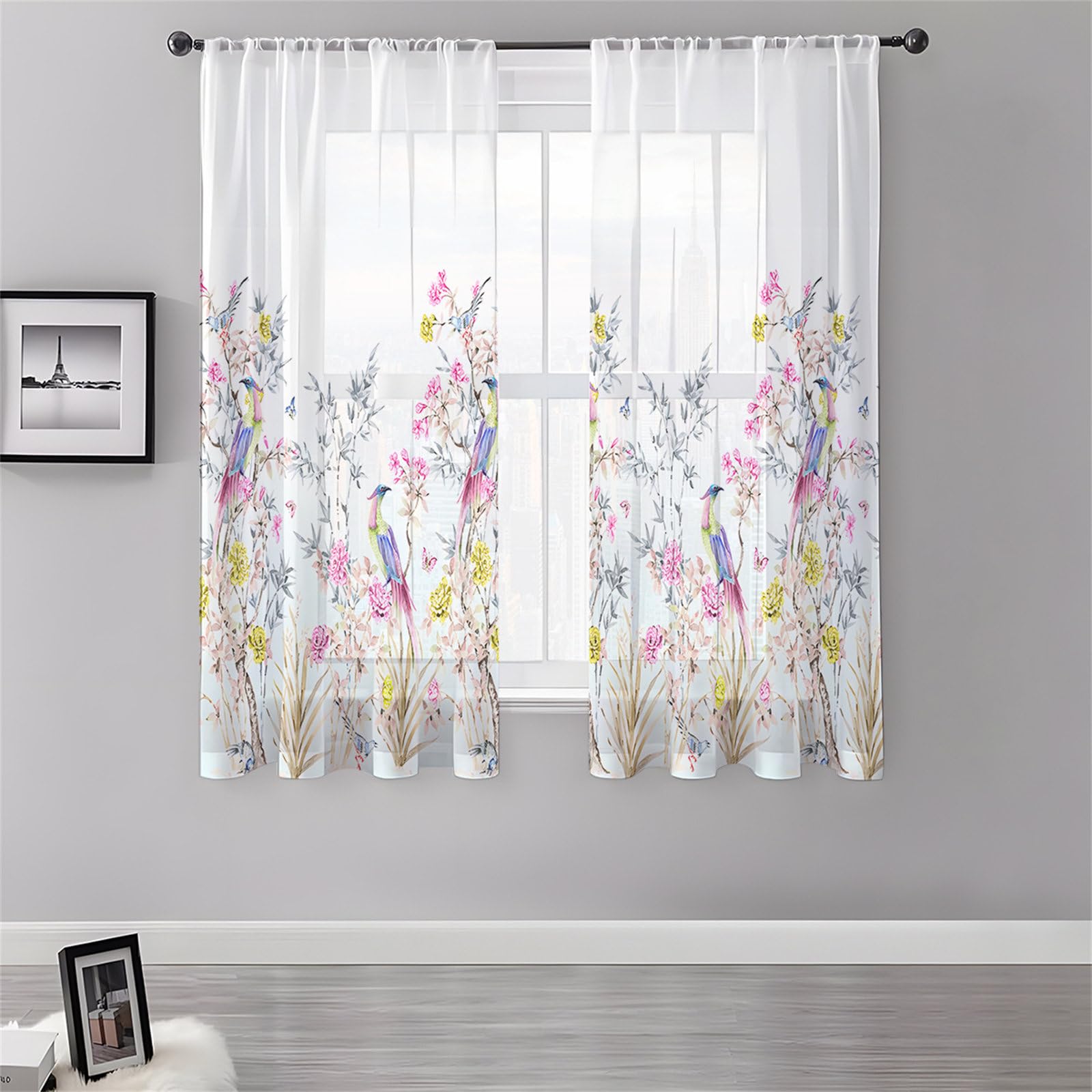 Surwin Net Curtains for Windows, Voile Curtain, 2 Panels Floral Plant Prints with Eyelets, Semi Transparent Lightweight Voile Panel for Living Room Bedroom Balcony Decorative (Gardens,130x241cm)
