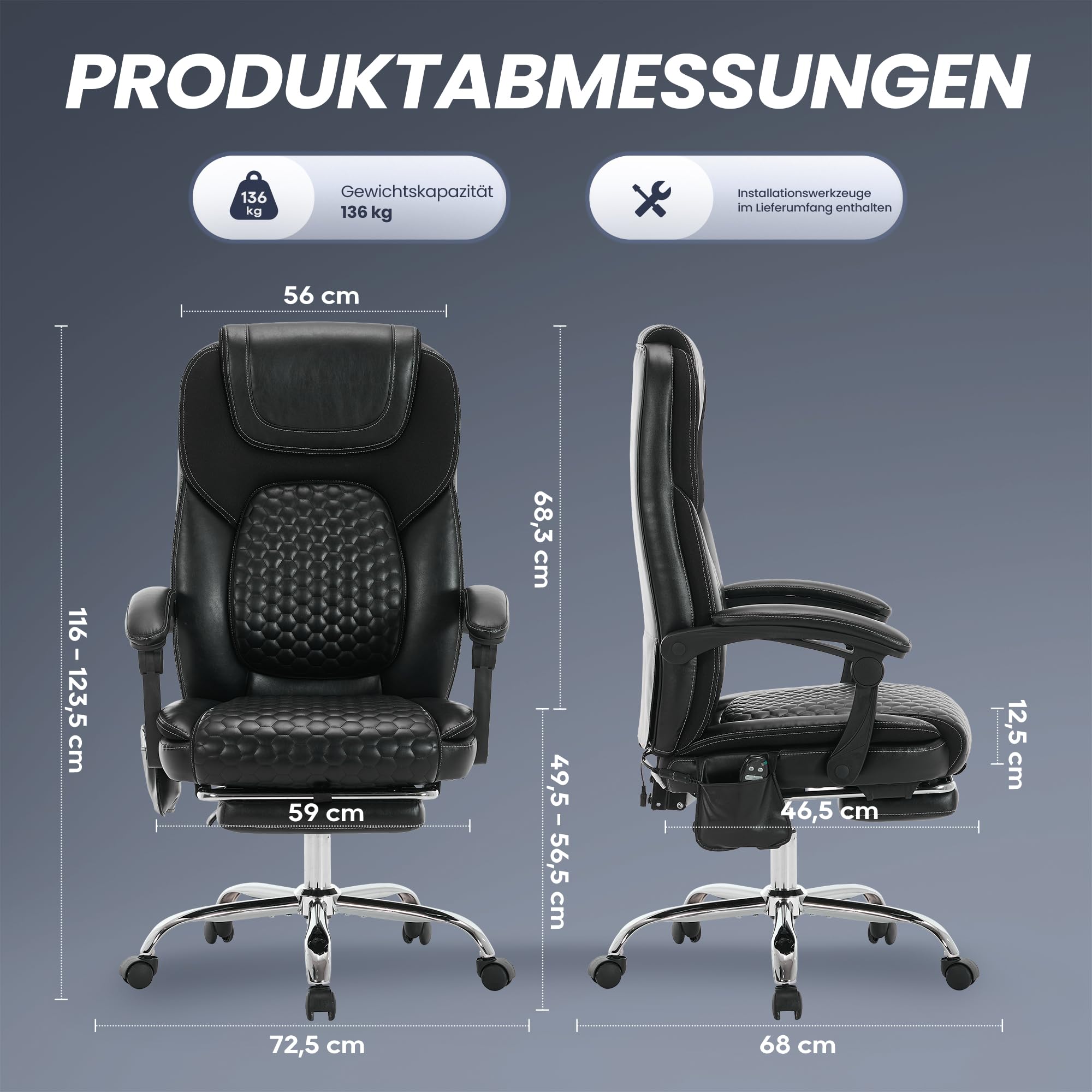 COLAMY Ergonomischer Chefsessel aus Leder mit 6-Punkt-Massage & 3-Stufen-Heizfunktion, höhenverstellbar, verstellbare Rückenlehne, ausziehbare Fußstütze – Büro & Home Office, Schwarz