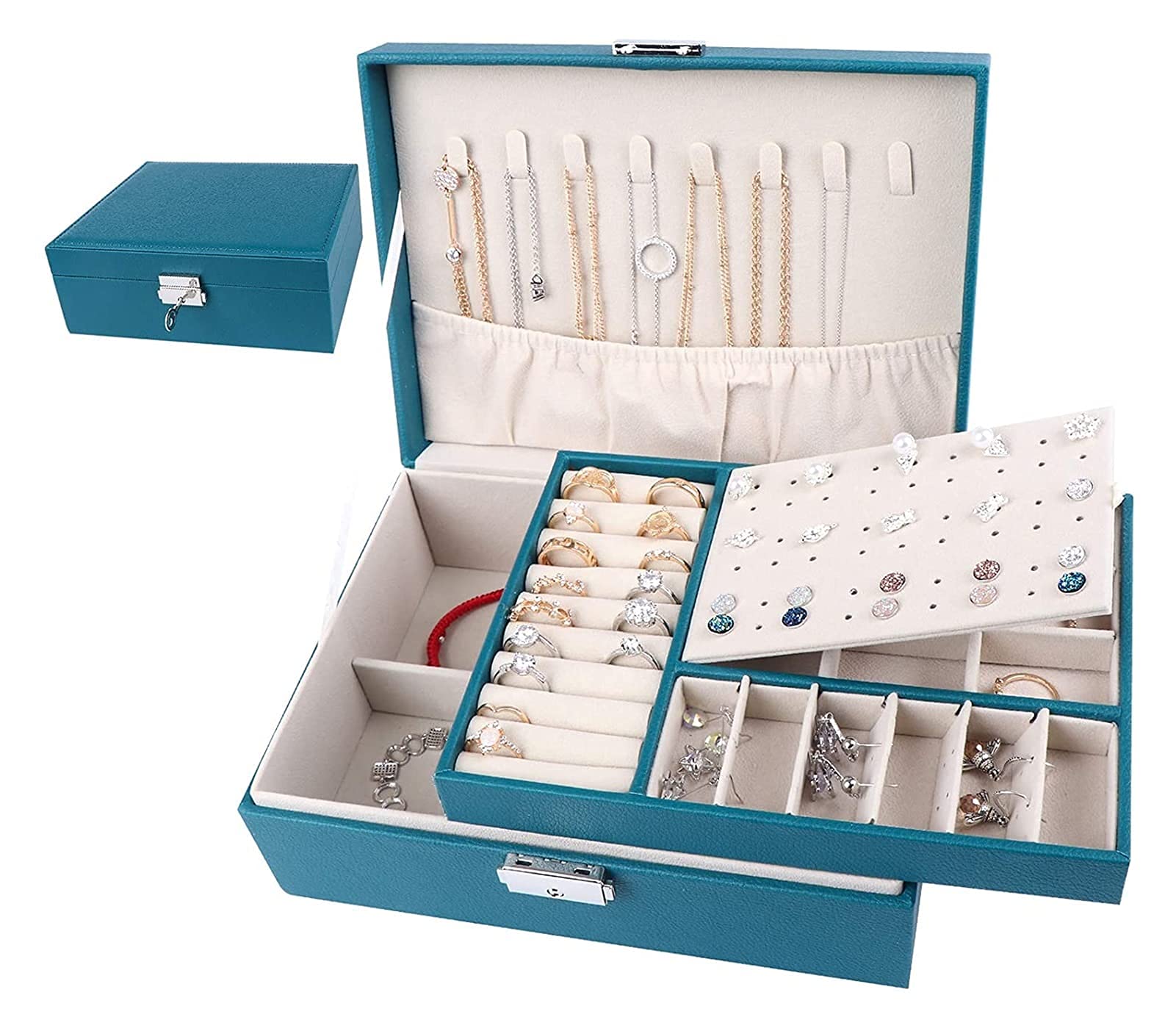 Schmuckschatulle, große kreative Schmuckschatulle für Damen und Mädchen, doppelschichtig, abschließbar, PU-Leder, Schmuck-Organizer, Aufbewahrungskoffer mit abnehmbarer Trennwand,