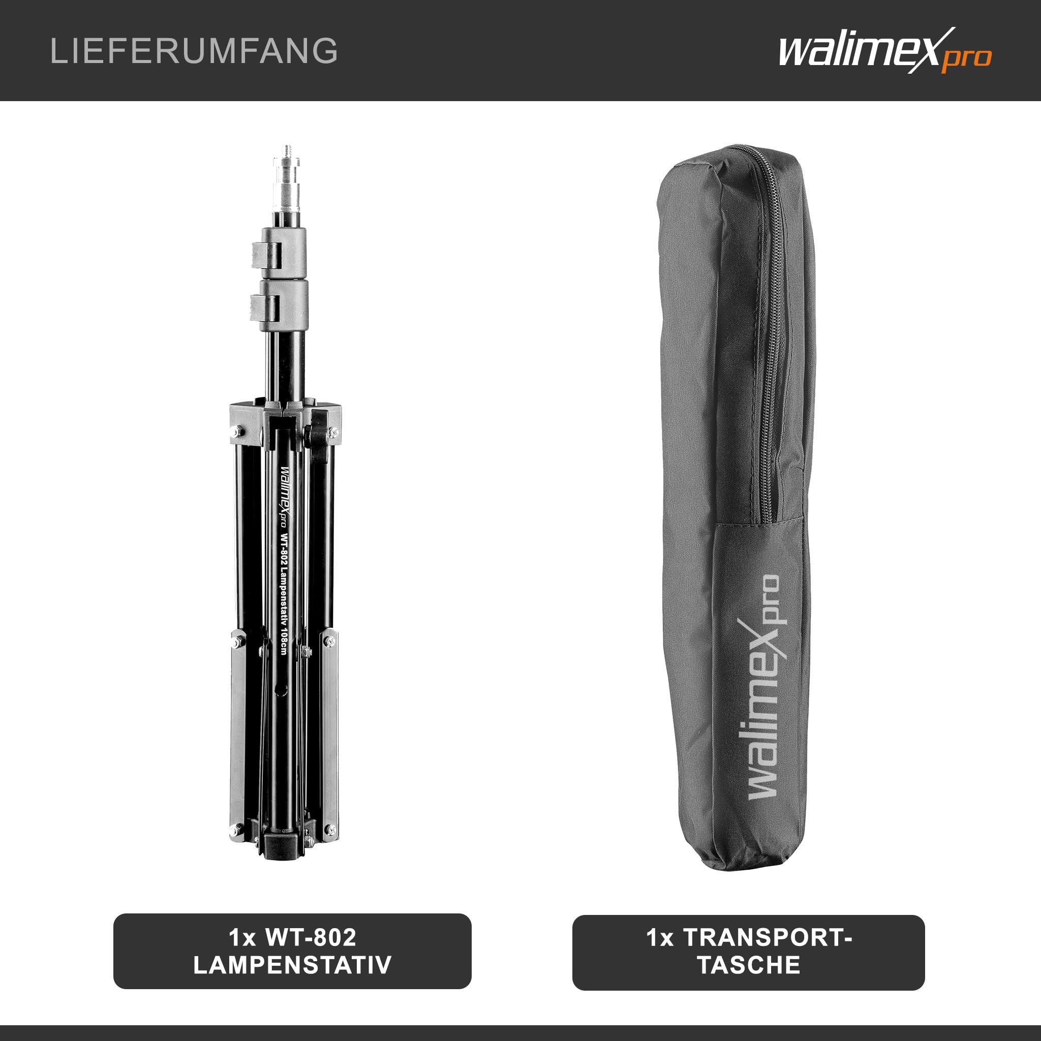 Walimex WT-802 Lampenstativ 108 cm, höhenverstellbares Lichtstativ belastbar bis 2,5 kg, Studiostativ mit 5/8 Zoll Spigot, Blitzstativ mit 1/4 und 3/8 Zoll Gewinde