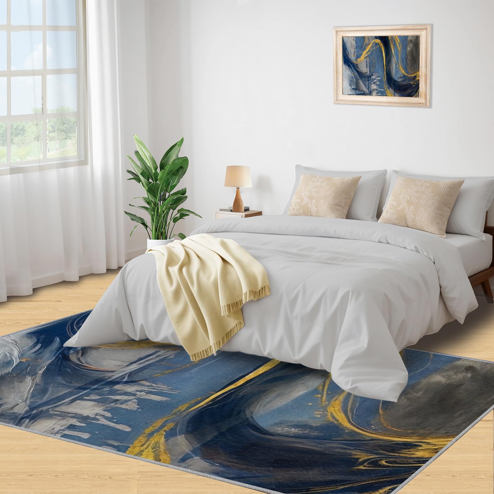Tapis Abstrait dégradé pour Chambre à Coucher, Cuisine, antidérapant, Lavable, à Poils Courts et Doux, Motif marbré Bleu, Gris, doré, 60 x 120 cm