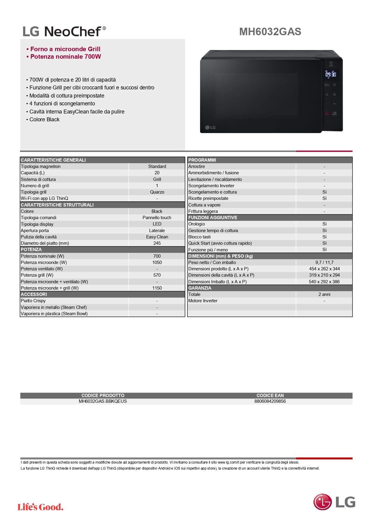 LG MH6032GAS Forno Microonde 20 Litri con Grill al Quarzo, 700 W, Programmi Automatici, Scongelamento Rapido Defrost, Funzioni Timer e Orologio Smart Diagnosis, Scaldavivande, Nero
