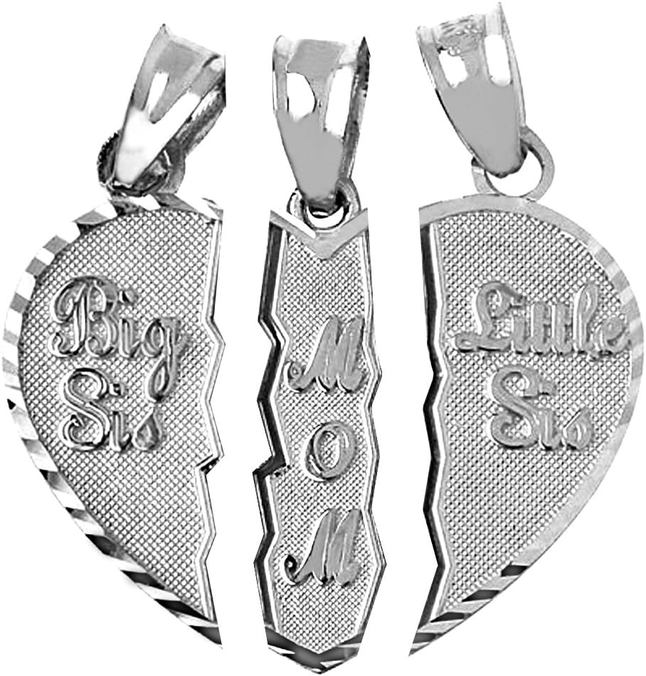 .925 Sterling Silver Textured Mother and Daughters Breakable Heart Pendant Charm - Choose 1 or 3 Pieces