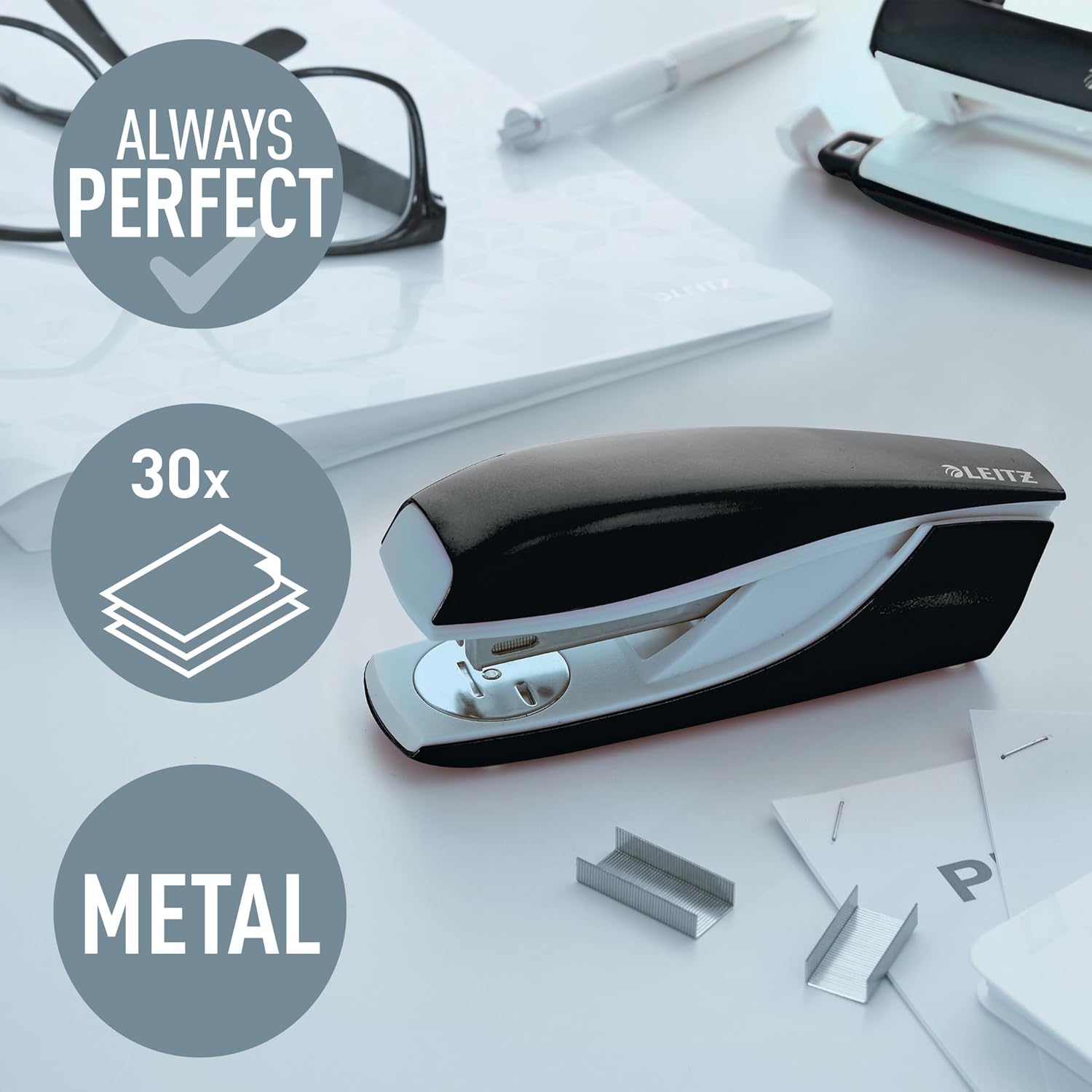 Leitz Stapler, 30 Sheet Capacity, Ergonomic Metal Body, Includes Staples, Wow Range, 55021001 - Black