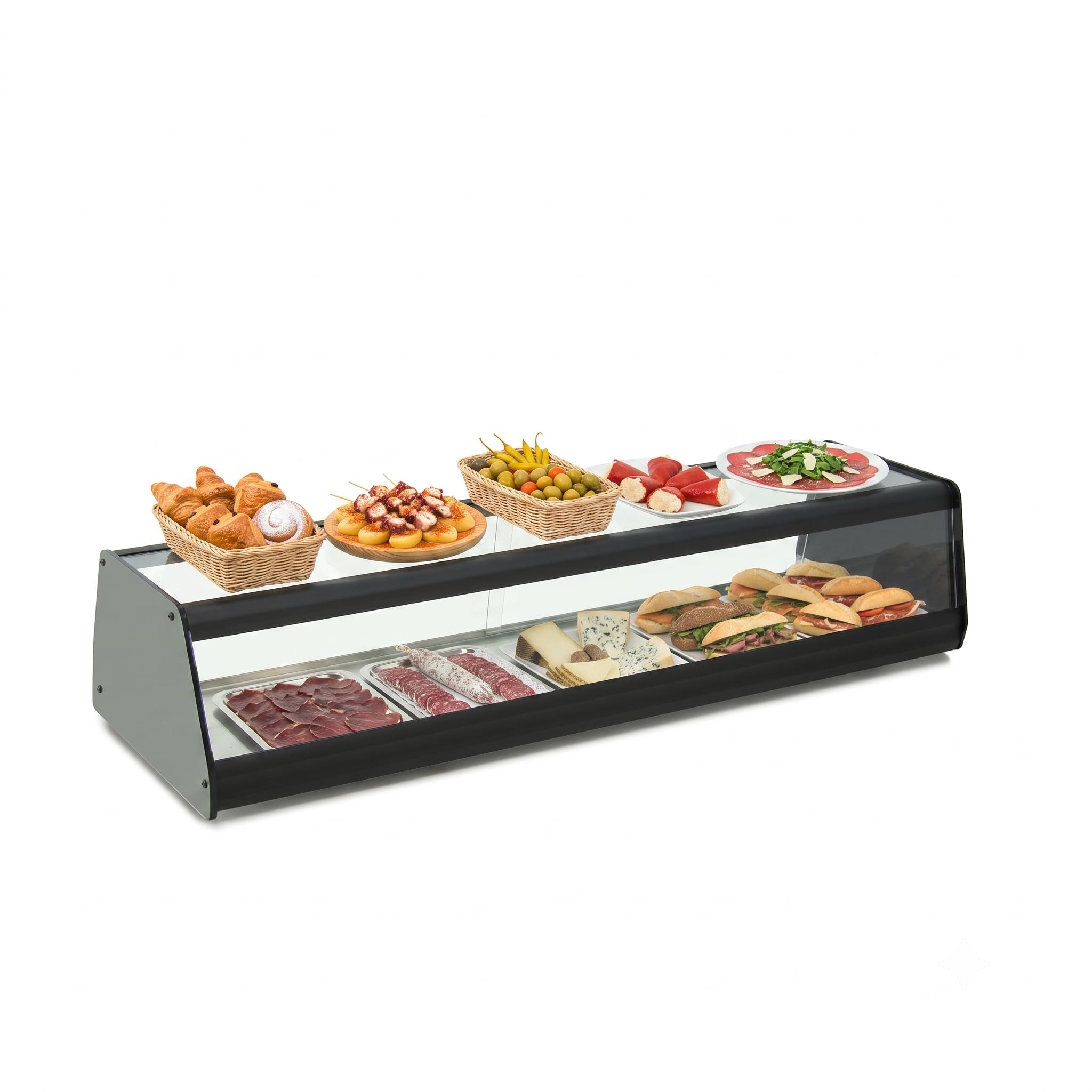 Vitrina Expositora Neutra de Cristal 180,8 x 39 x 25 cm, Acero Inoxidable, Puertas Correderas, para Bar, Hostelería, Bollería y Mostrador