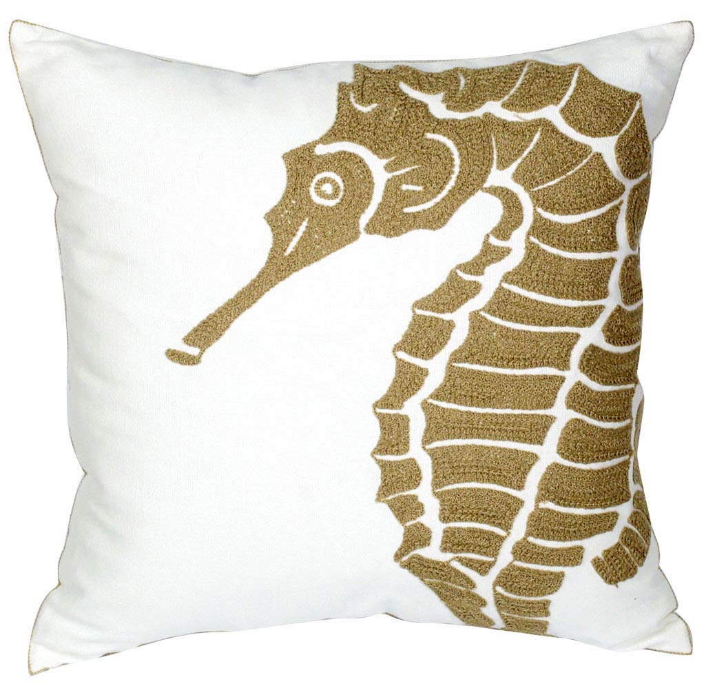 Embroidered Nautical Decor Pillow Cover,Square 18 Inches Decorative Canvas Pillow Cover for Nautical Style Deco by (Wheat-Seahorse)