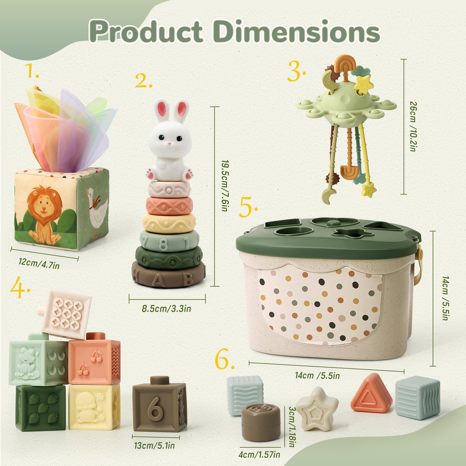 5 en 1 Jouet Bébé 6 Mois Montessori, Vert Jouet Montessori | Jeux d’éveil 6-12 Mois avec Trieur de Formes, Boîte à Mouchoirs, Empilement | Jouet Sensoriel Cadeau pour Enfants 7 8 9 Moiss