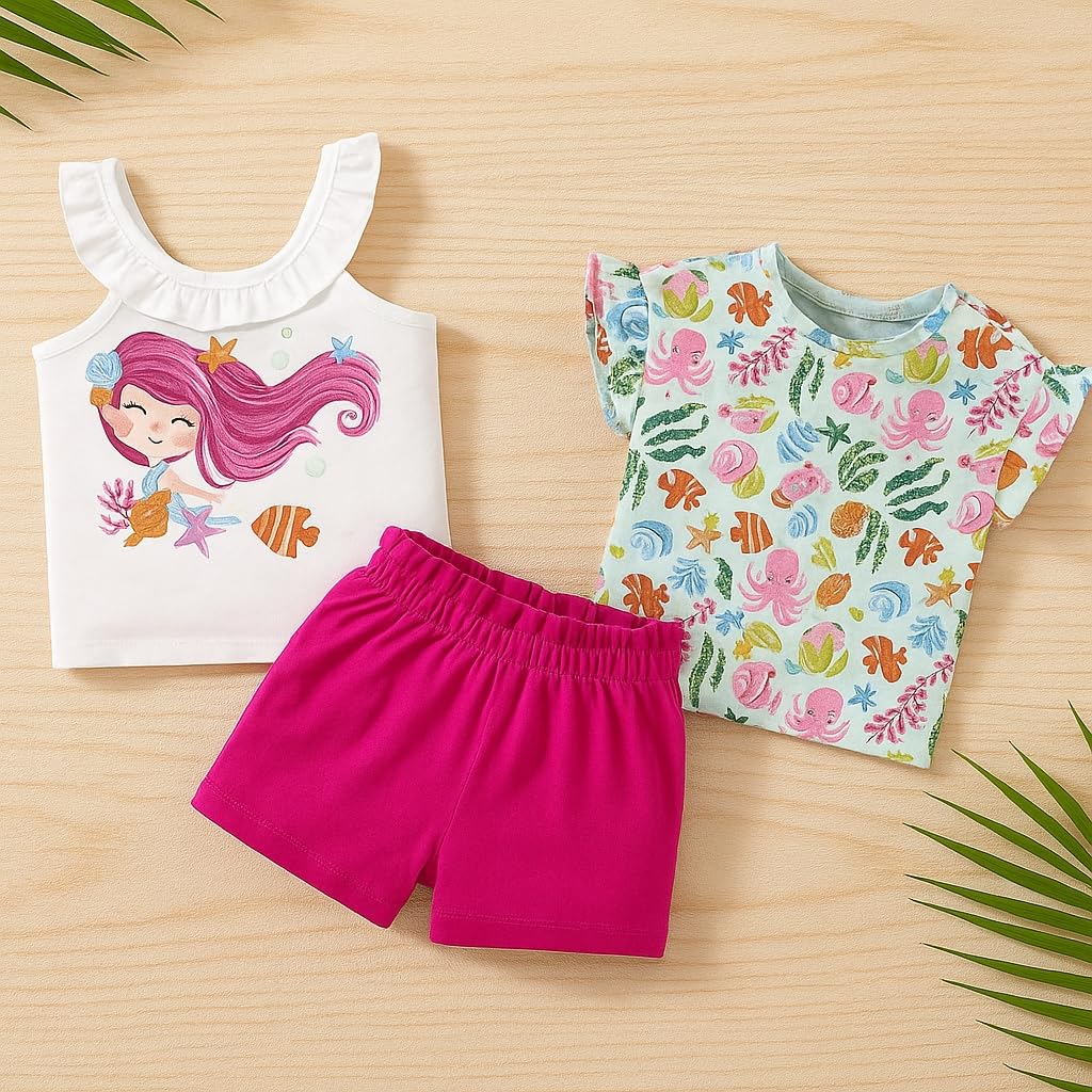 Generico Letni zestaw dla dziewczynek 1278, wielokolorowy, 3 sztuki z białym podkoszulkiem z nadrukiem morskim, T-shirt z motywem oceanu i różowymi szortami, regularny krój, strój dziewczęcy