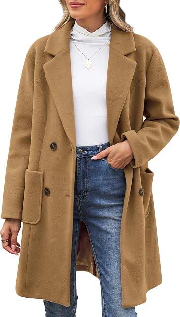 Manteau de tourbe de laine pour femmes - Notch Lapel Double Breasted Blend Mid Long Trench Coat Loose-fit Automne Veste d'hiver Vêtements de dessus
