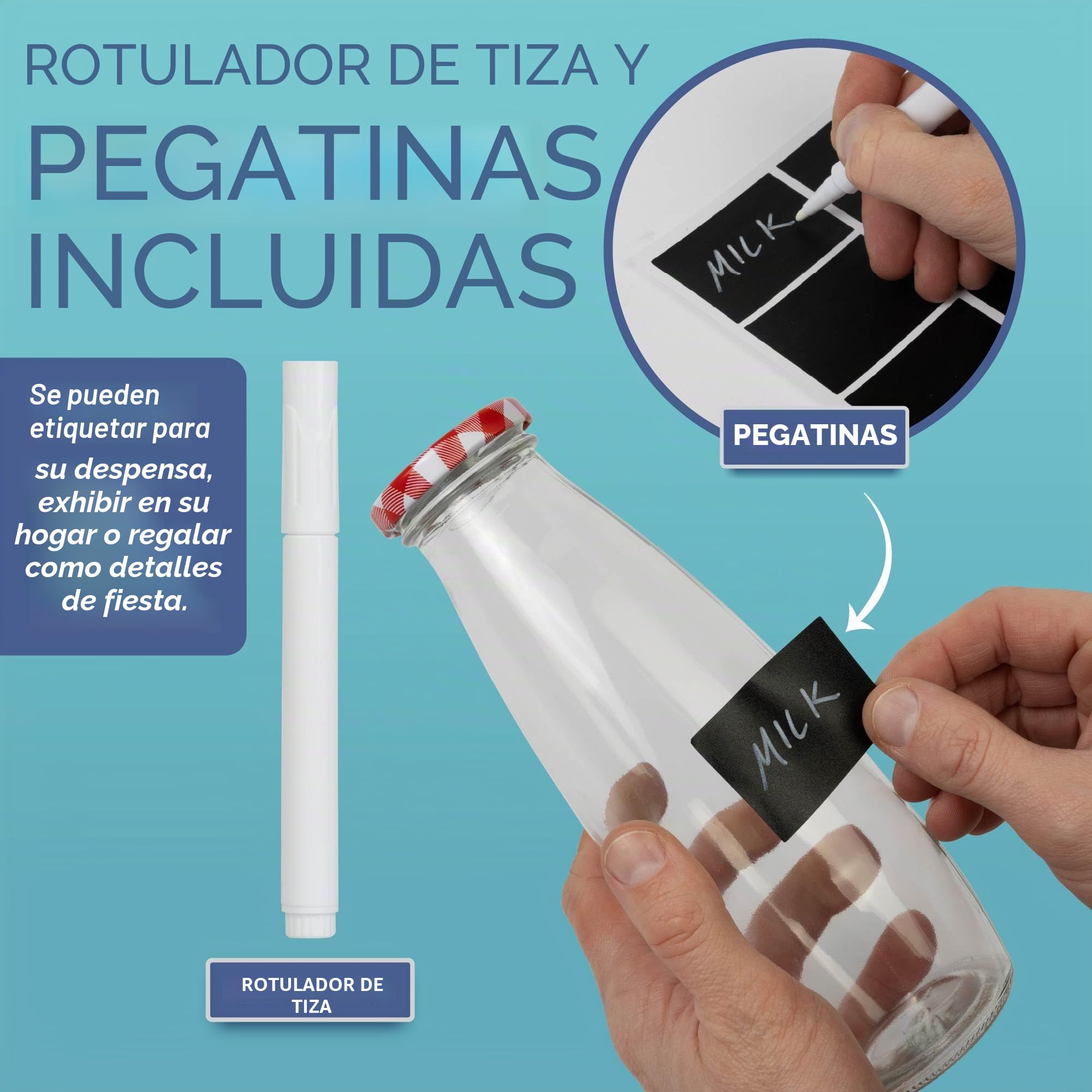 HEFTMAN Botellas de leche de vidrio con tapas, vacías de 500 ml, juego de 6 botellas de leche de vidrio herméticas con tapas de cuadros rojos para bebidas, HM3301