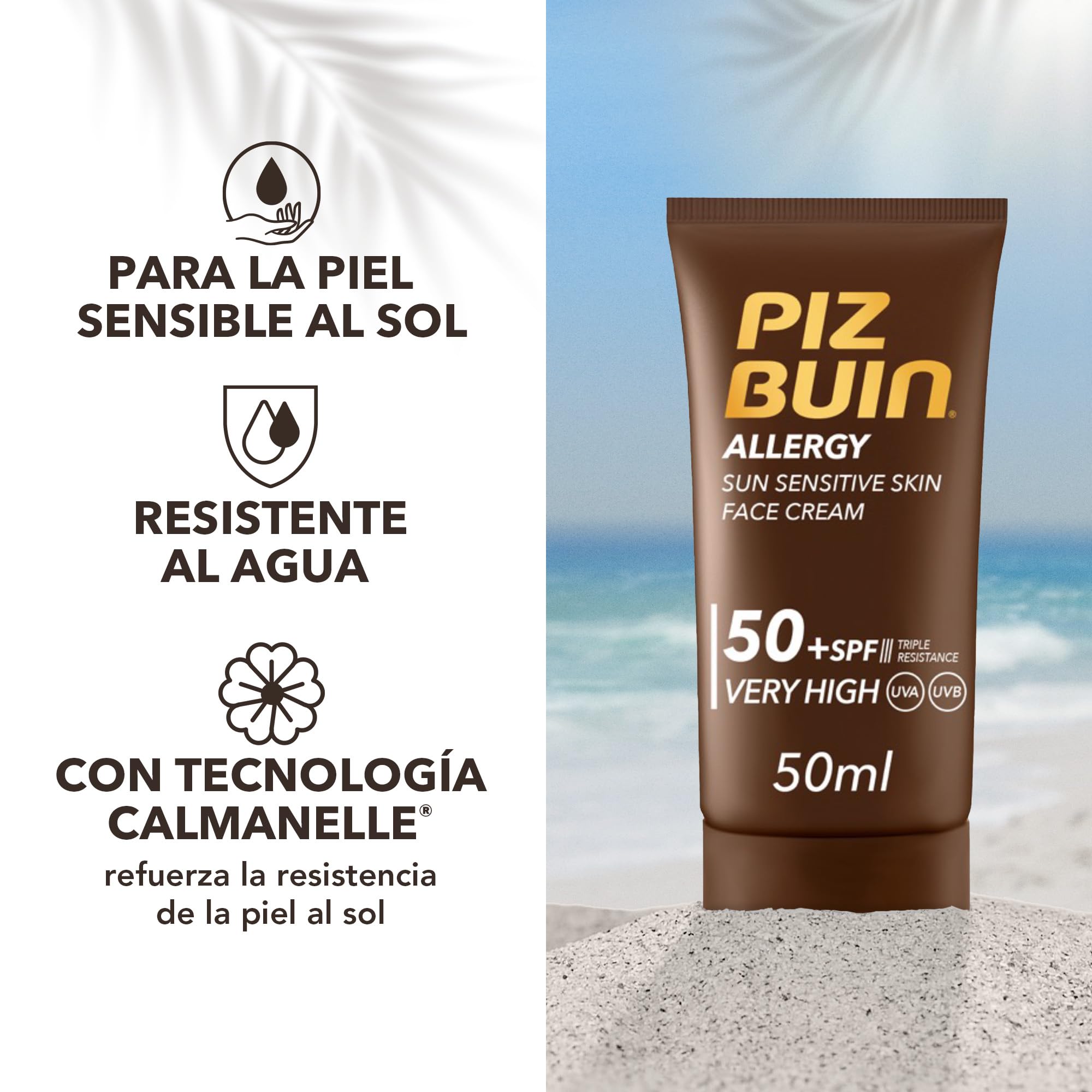 PIZ BUIN Crema Facial SPF 50 de Protección Alta (50 ml), protector solar facial hidratante con filtros UVA/UVB, crema solar con triple resistencia, para todo tipo de piel