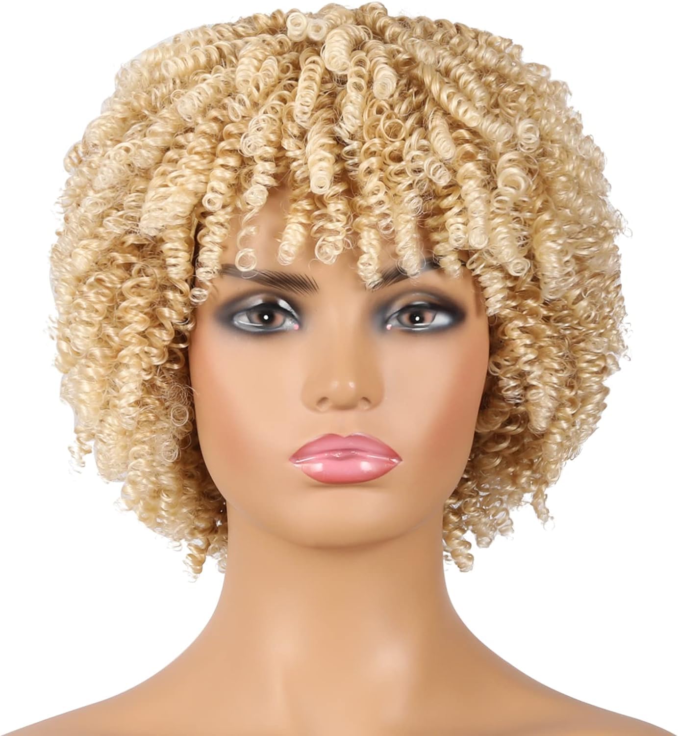 Short Curly Wigs for Black Women,Curly Synthetic Wig with Bangs Wig Ombre Blonde Color Soft Comfortable and Easy to Wear Wigs for Cosplay Party Use