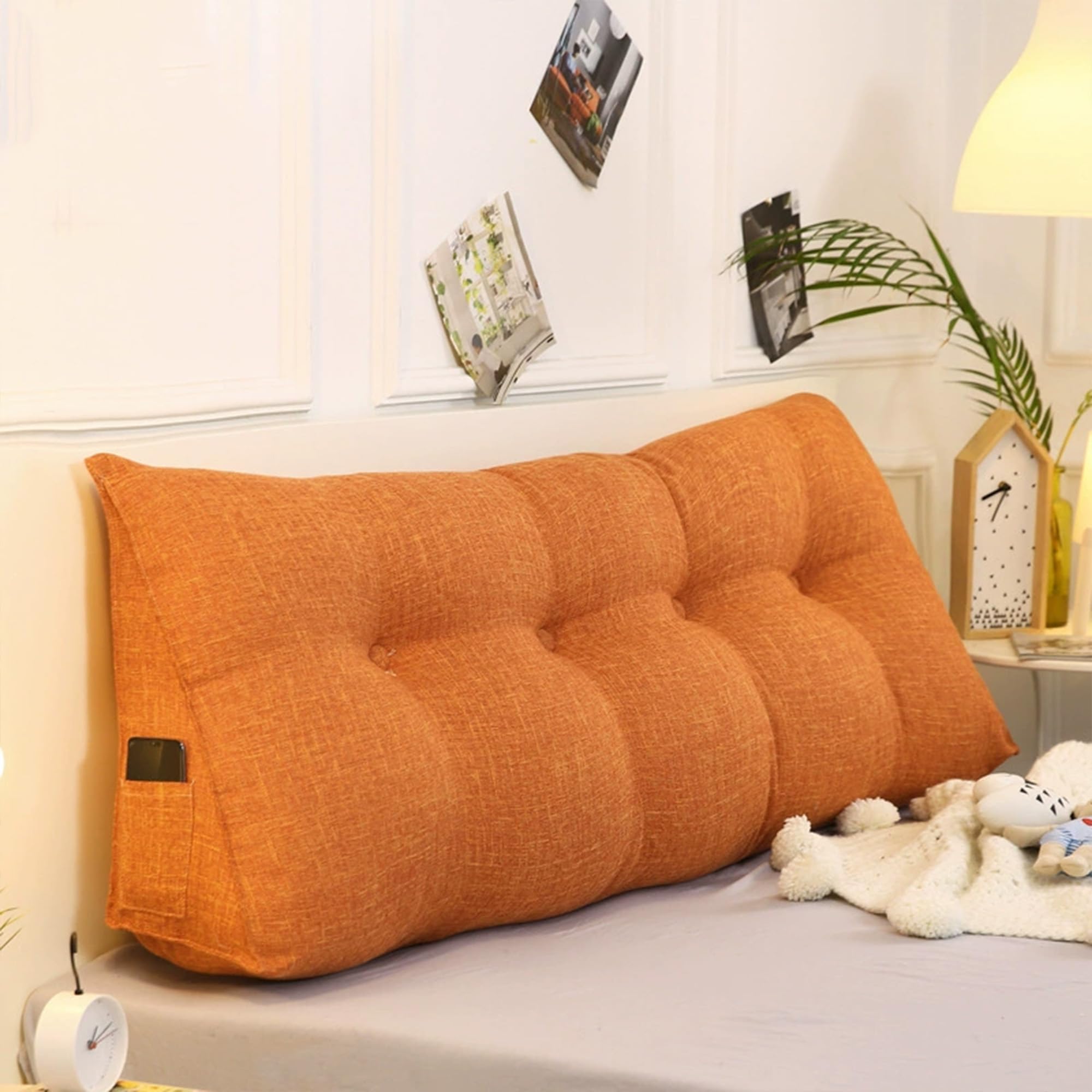 DUOLEH Wedge Lumbar Pillows, Headboard Backrest, Waist Backrest, Reading Pillow with Side Pockets, Lumbar Support Cushion, Triangular Wedge Cushion for Sofa, Bed (120x50x20cm,Orange)