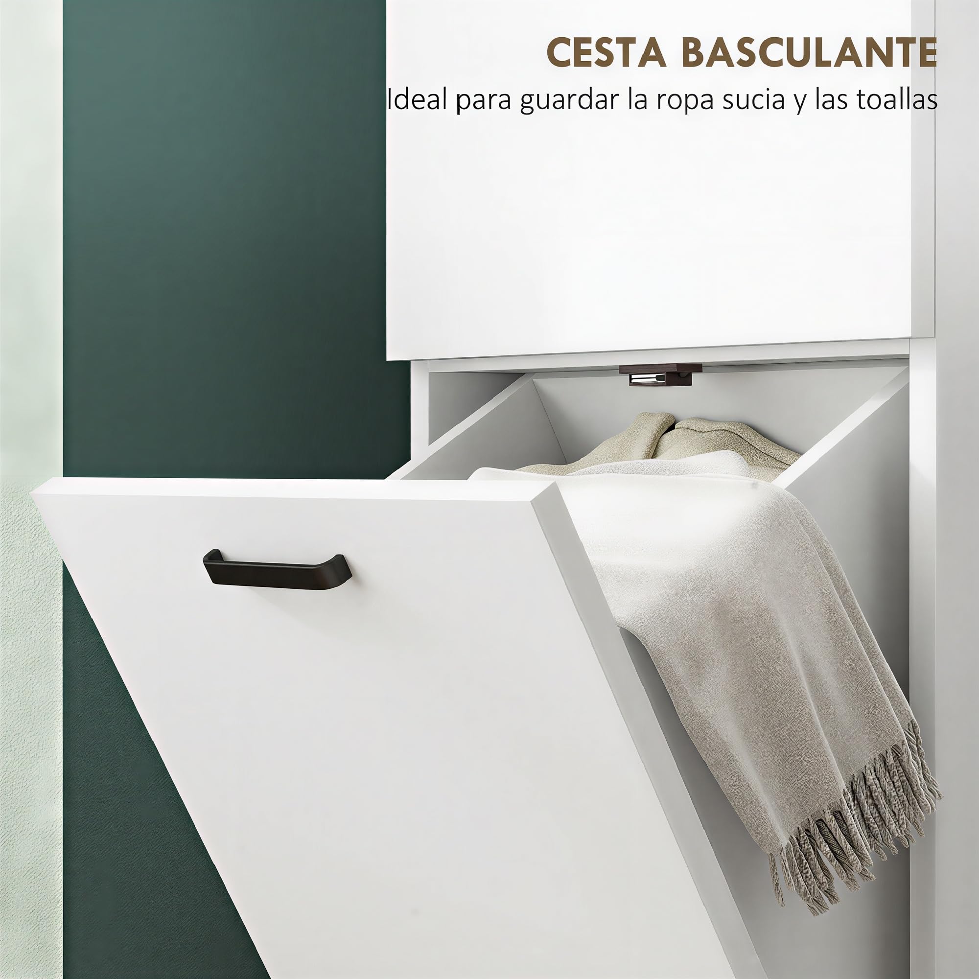 HOMCOM Armario de Baño Alto con Puerta y Estantes 35x31,5x144 cm Blanco | Columna de Baño Estrecha, Cesto para Ropa Sucia, Mueble Auxiliar para Cocina Salón