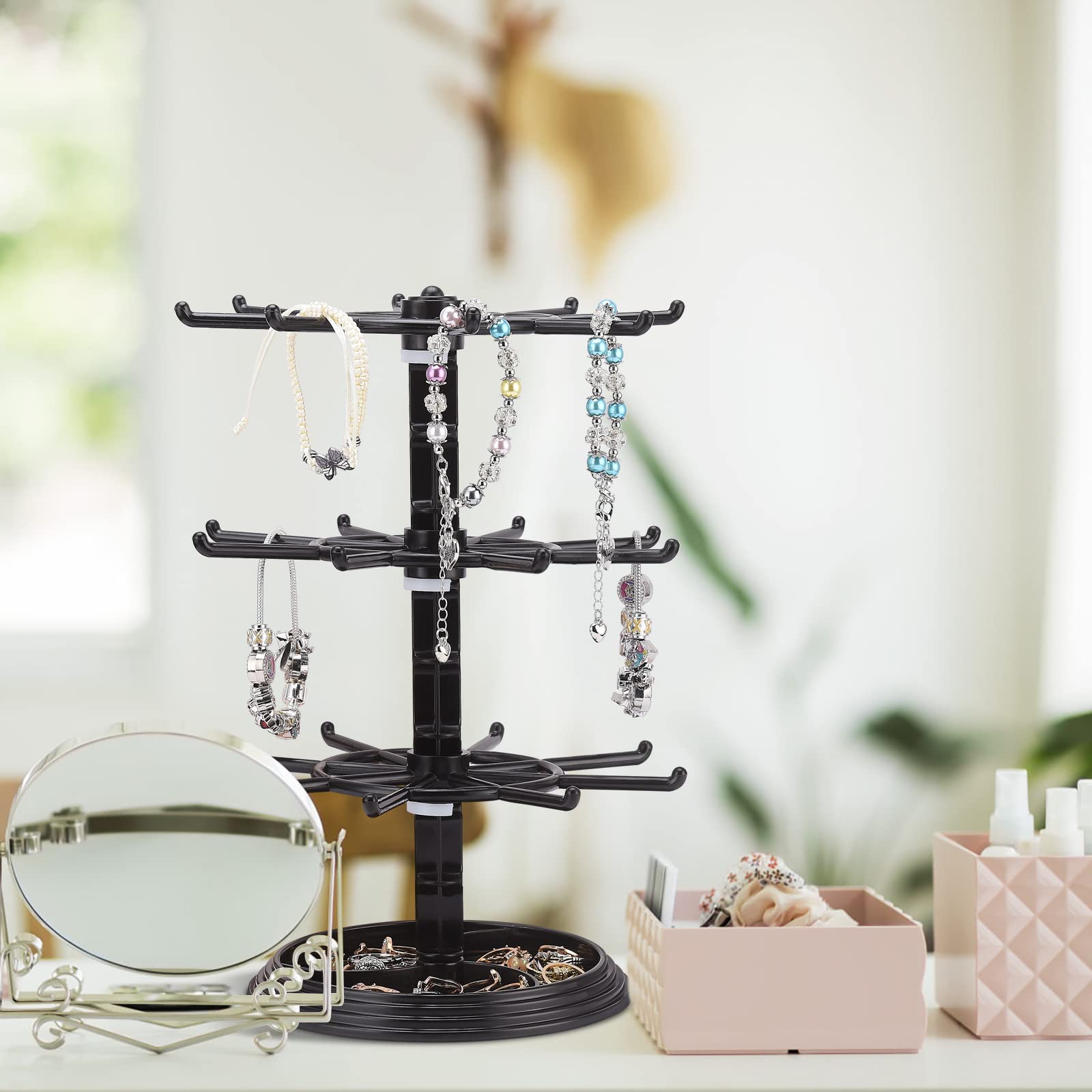 MISNODE Rotating Jewelry Display Holder, 3 Tier ABS Rotating Necklace Holder Rack 360-Degree Rotation Jewelry Tree Stand Space Save Jewelry Display Organizer for Necklaces Bracelets Earrings Rings