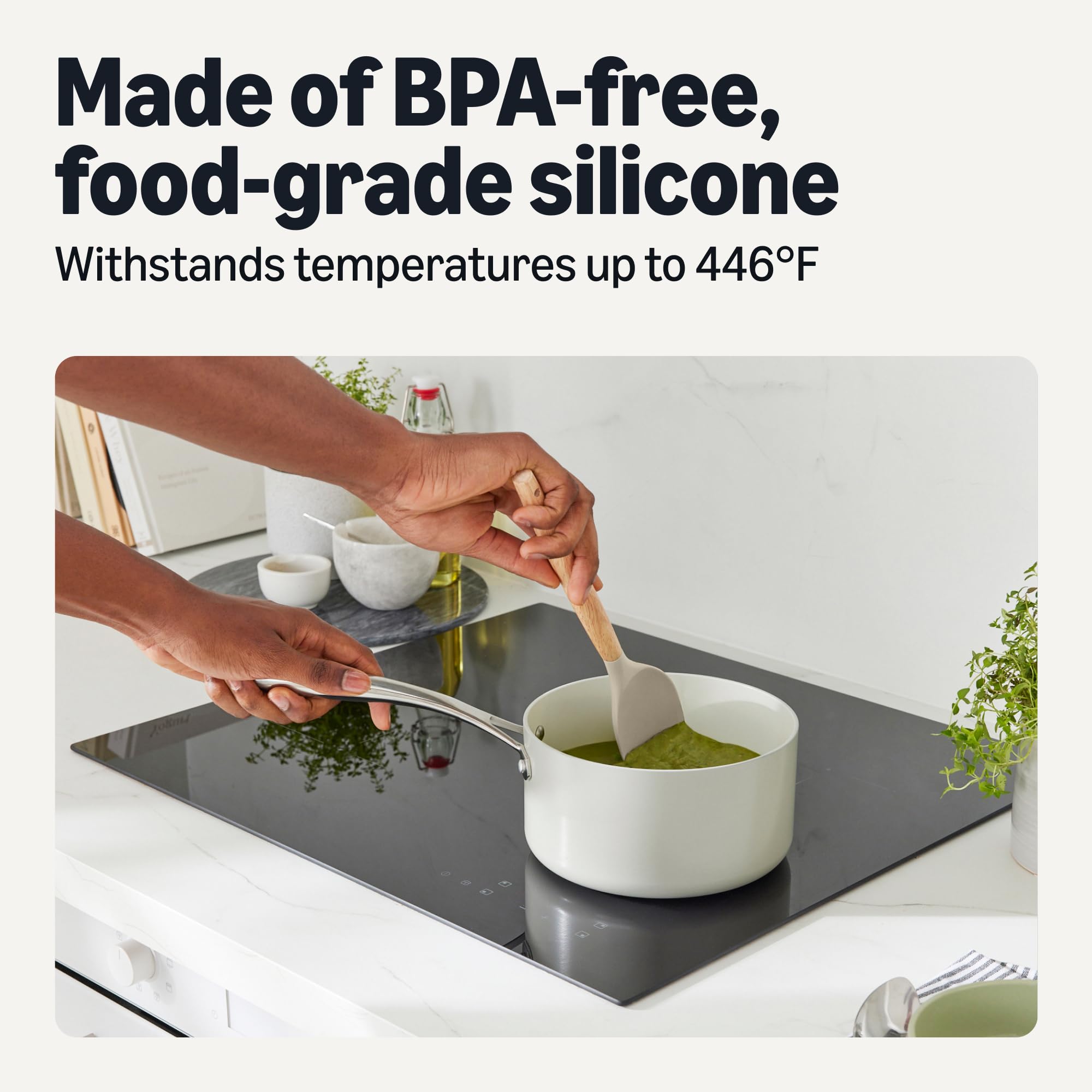 Amazon Basics Silicone Cooking Utensils Set with Wooden Handle, 14-Piece Set, BPA-Free, Utensil Holder Included, Linen Gray