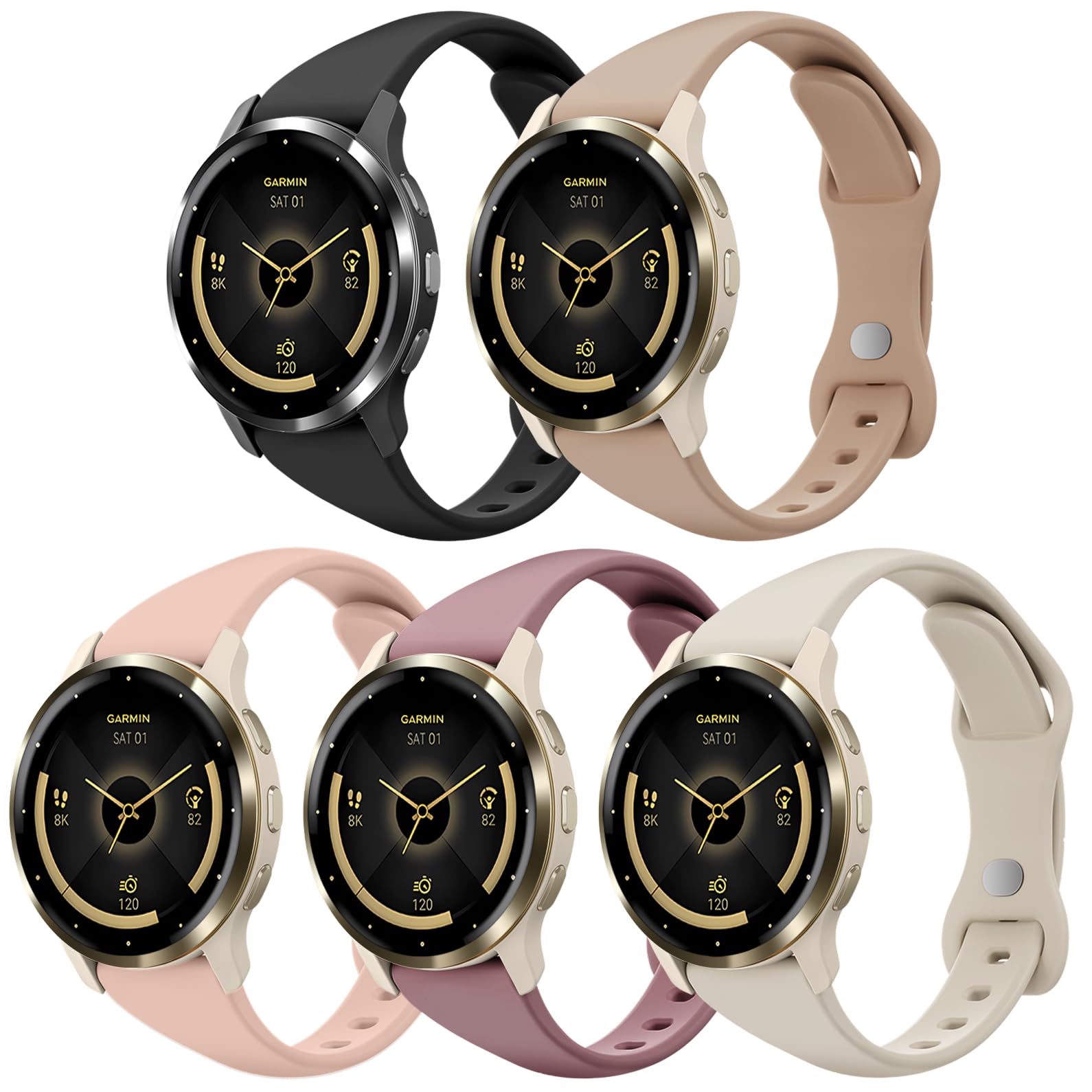 Wizvv Pack of 5 18 mm Slim Sports Wristbands Compatible with Garmin Venu 3S/Vivoactive 4S/Venu 2S/Venu 4 41 mm Wristband, Thin Soft Silicone Replacement Strap for Garmin Forerunner 255S/265S Women Men