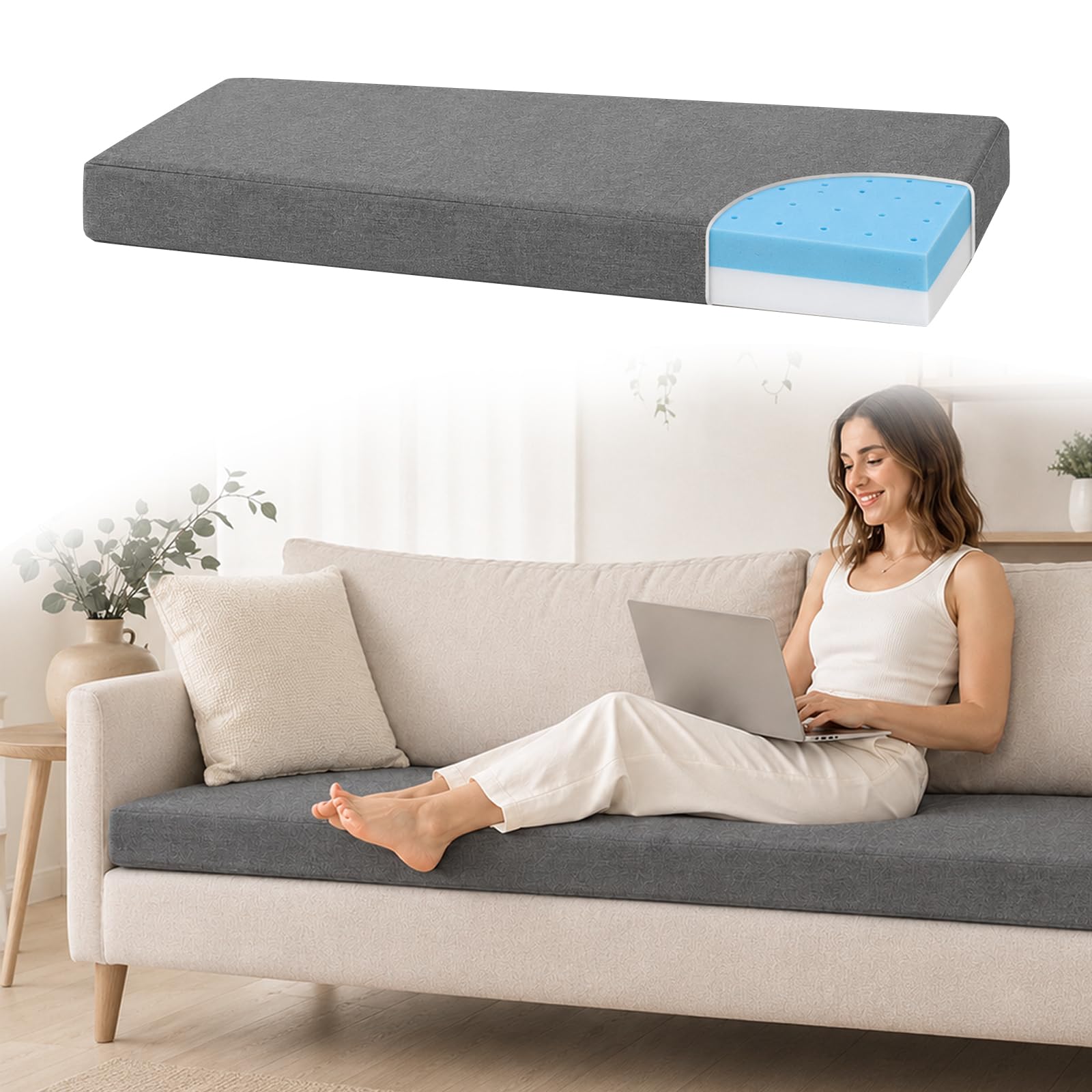 Tokenhigh 7.5cm Memory Foam Sofa Topper, 150x60cm Non-Slip Sofa Cushion Replacement with Washable Linen Cover, Soft Supportive Sofa Seat Pad for Firm Hard Couch, Settee and Loveseat
