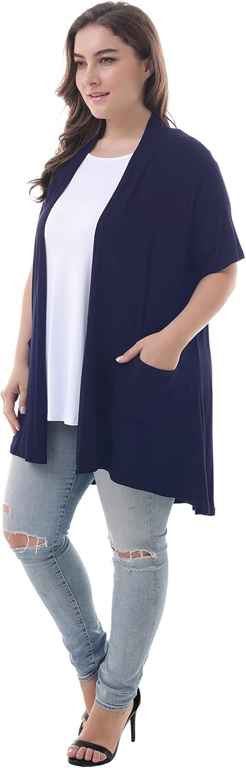 ZERDOCEAN Women's Plus Size Short Sleeve Lightweight Soft Printed Drape Cardigan with Pockets - Image 5