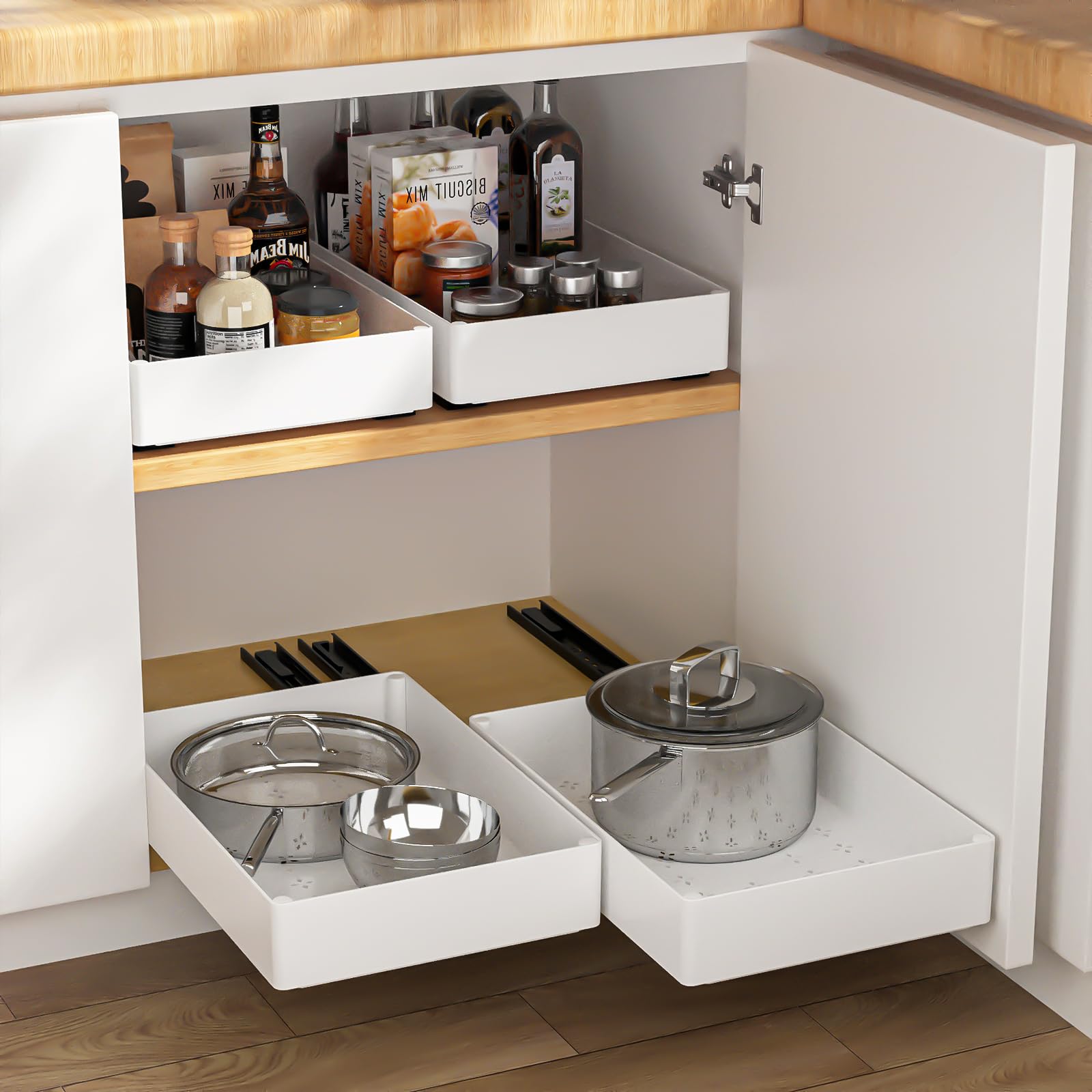 Organizador de gabinete de cocina extraíble, material ABS que evita el óxido, sin perforaciones para armario, organizador de gabinete de baño, despensa, cajones deslizantes, almacenamiento de