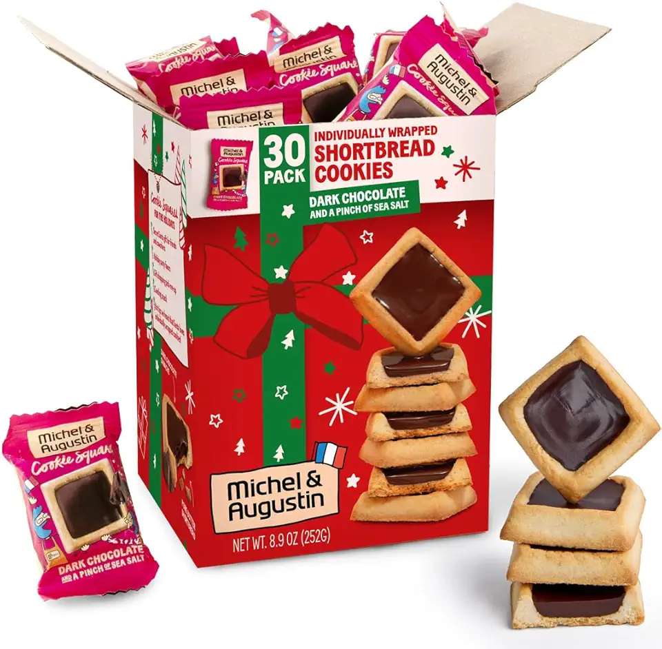 Michel et Augustin Christmas Cookies, French Shortbread Cookie Squares with Dark Chocolate &amp; Sea Salt, Holiday Cookies Individually Wrapped, Butter Cookie Gift Basket, 30 Changemakers per Box