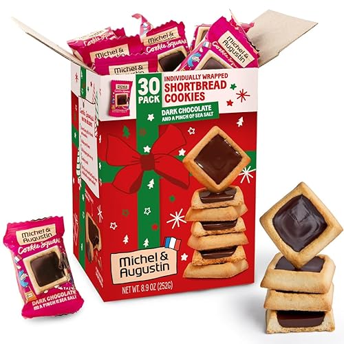 Michel et Augustin Galletas de Navidad, cuadrados de galletas de mantequilla francesa con chocolate negro y sal marina, galletas navideñas envueltas