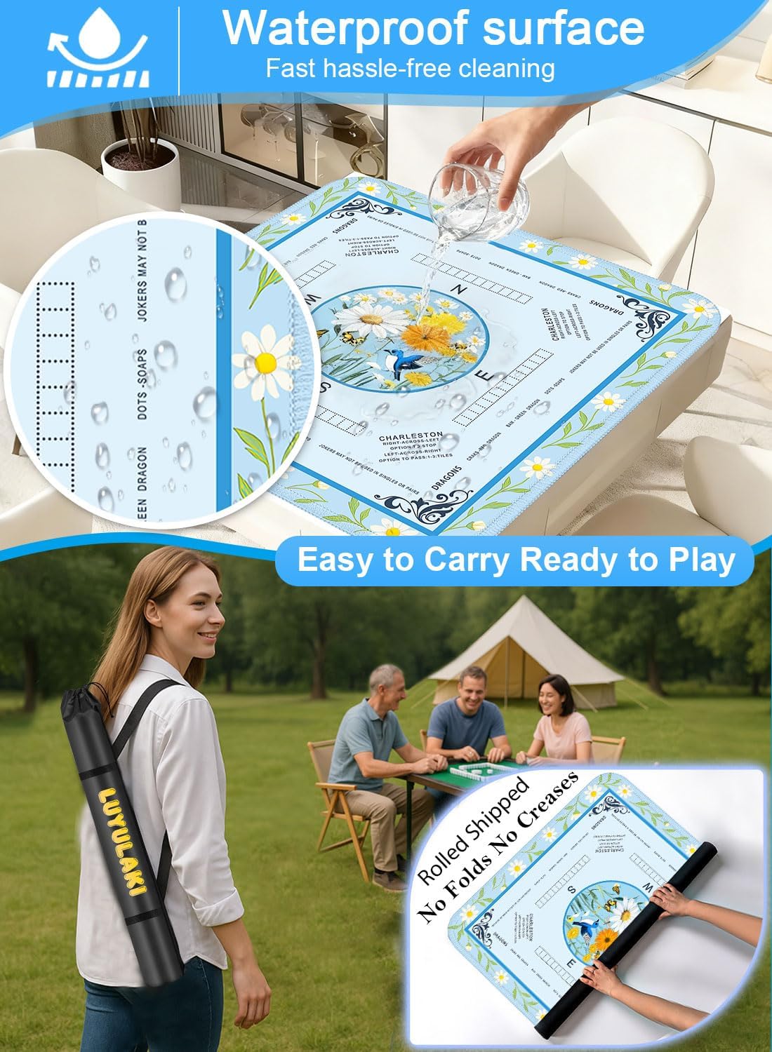 Large Mahjong Mat 33.1"×33.1", American Mah Jongg Mat with Rules, Quiet Non-Slip No-Crease Mahjong Table Cover, Floral Gaming Mat for Mahjong, Poker, Dominoes & Board Games (Light Blue)