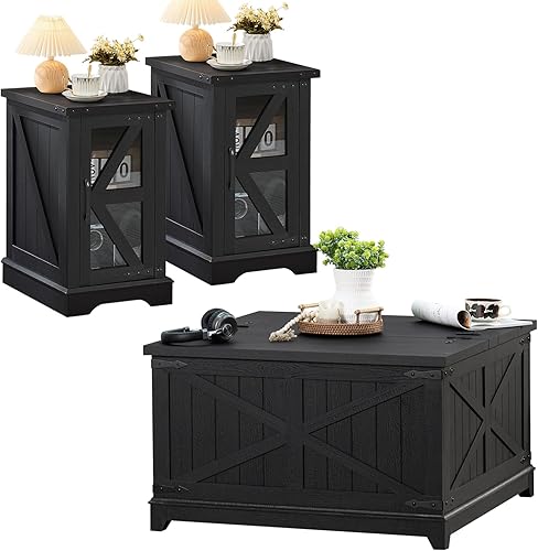 Miniatura 11 de Juego de mesa auxiliar de granja de 3 piezas, mesita de noche estrecha con almacenamiento de puerta de granero de vidrio, mesas de centro grandes