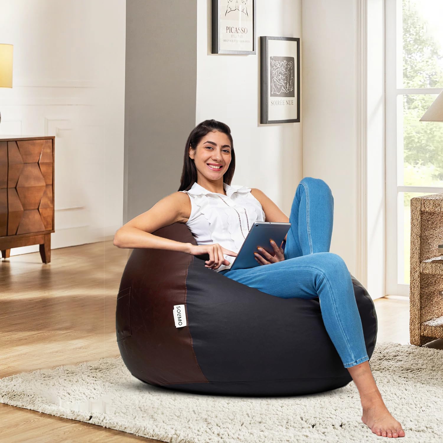 Amazon Brand - Solimo XL Faux Leather Bean Bag Cover Without Beans (Black and Brown)