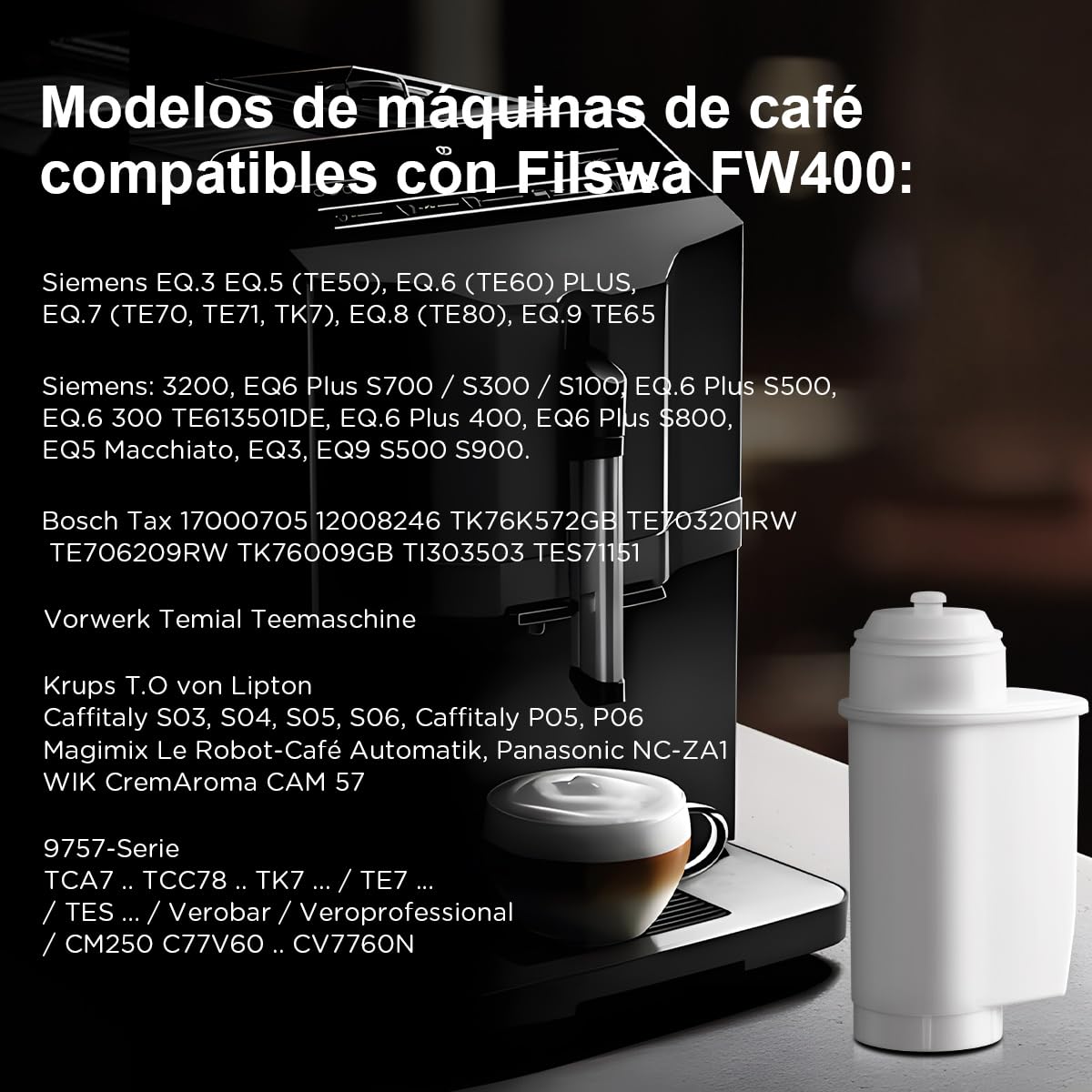Filswa Filtro de agua para Siemens EQ Series, EQ6 Plus S700, EQ9 S900/S500, EQ700, EQ500 – Compatible con Brita Intenza, TCZ70003, TZ70033A – Cartuchos de filtro automáticos (4)