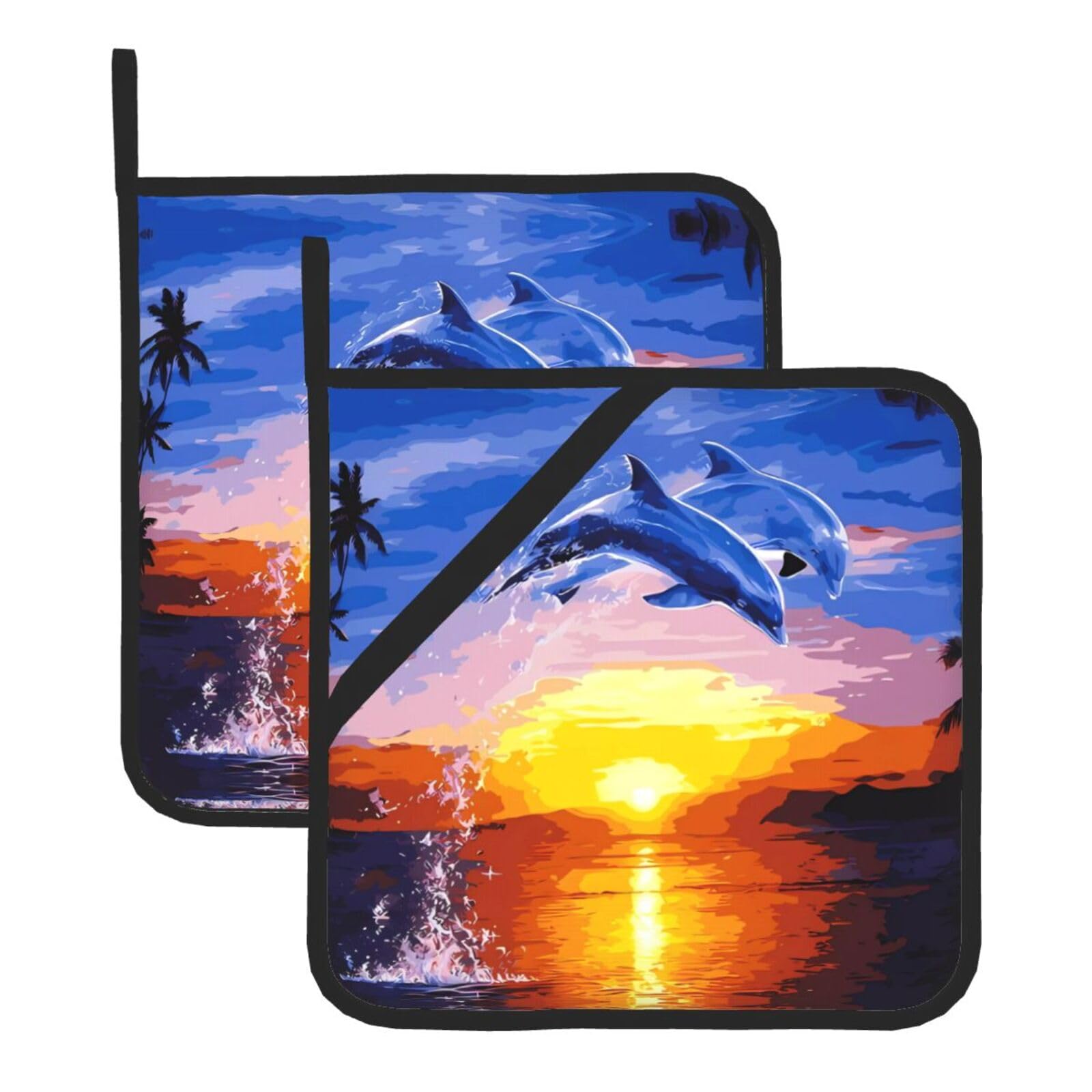 HJFCZH Elegant dolphin Prints Square Hot Pads for Kitchen Counter - Waterproof Pot Holders, Durable Heat Resistant Throw Layers for Serving, Oven & BBQ - 2 Pack