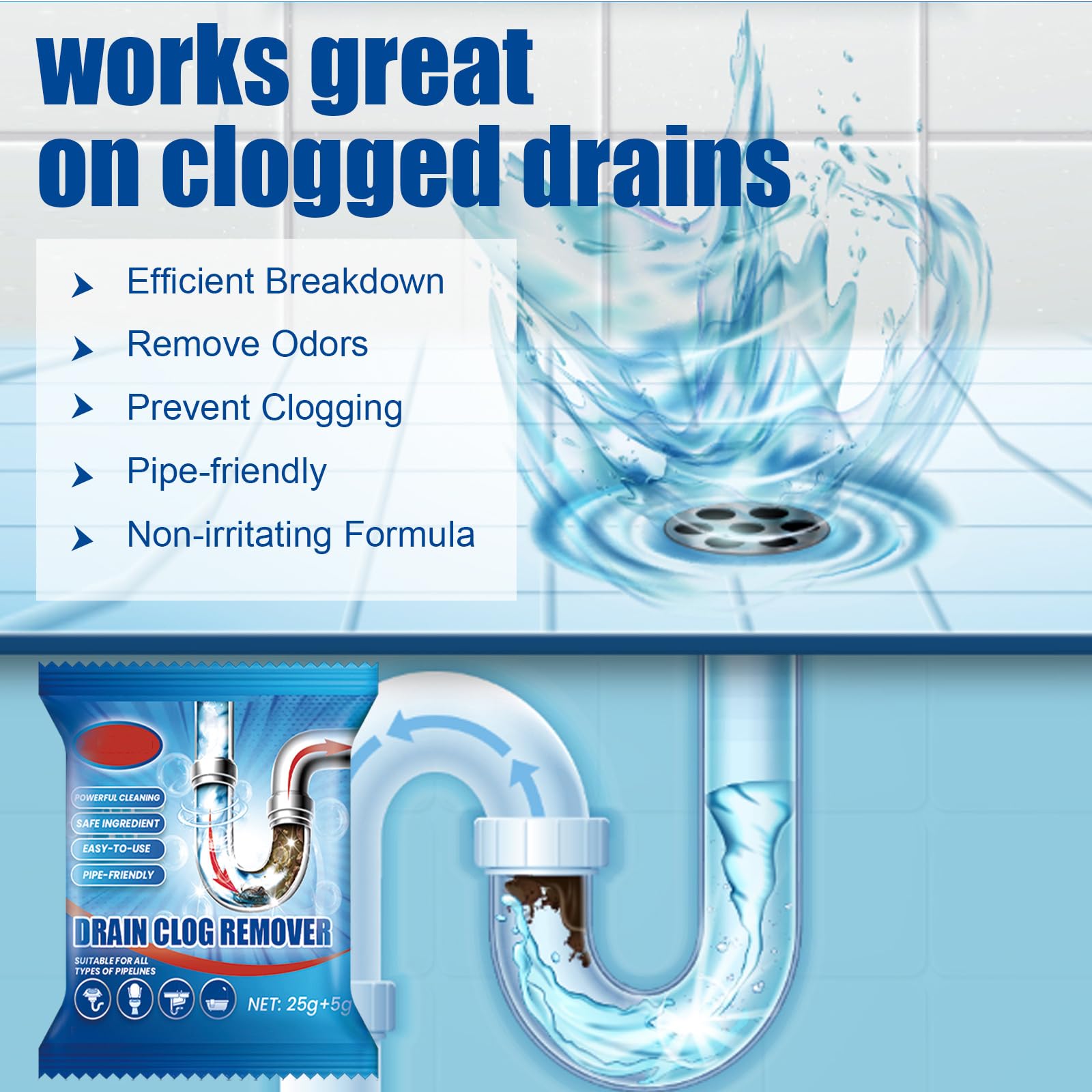 Poudre de Nettoyage pour Tuyaux,Nettoyant pour Canalisations D'évier,Agent de Dragage de Tuyaux Puissant,Pipe Clean Powder,Sink and Drain Pipe Dredging Powder,Poudre de Canalisation