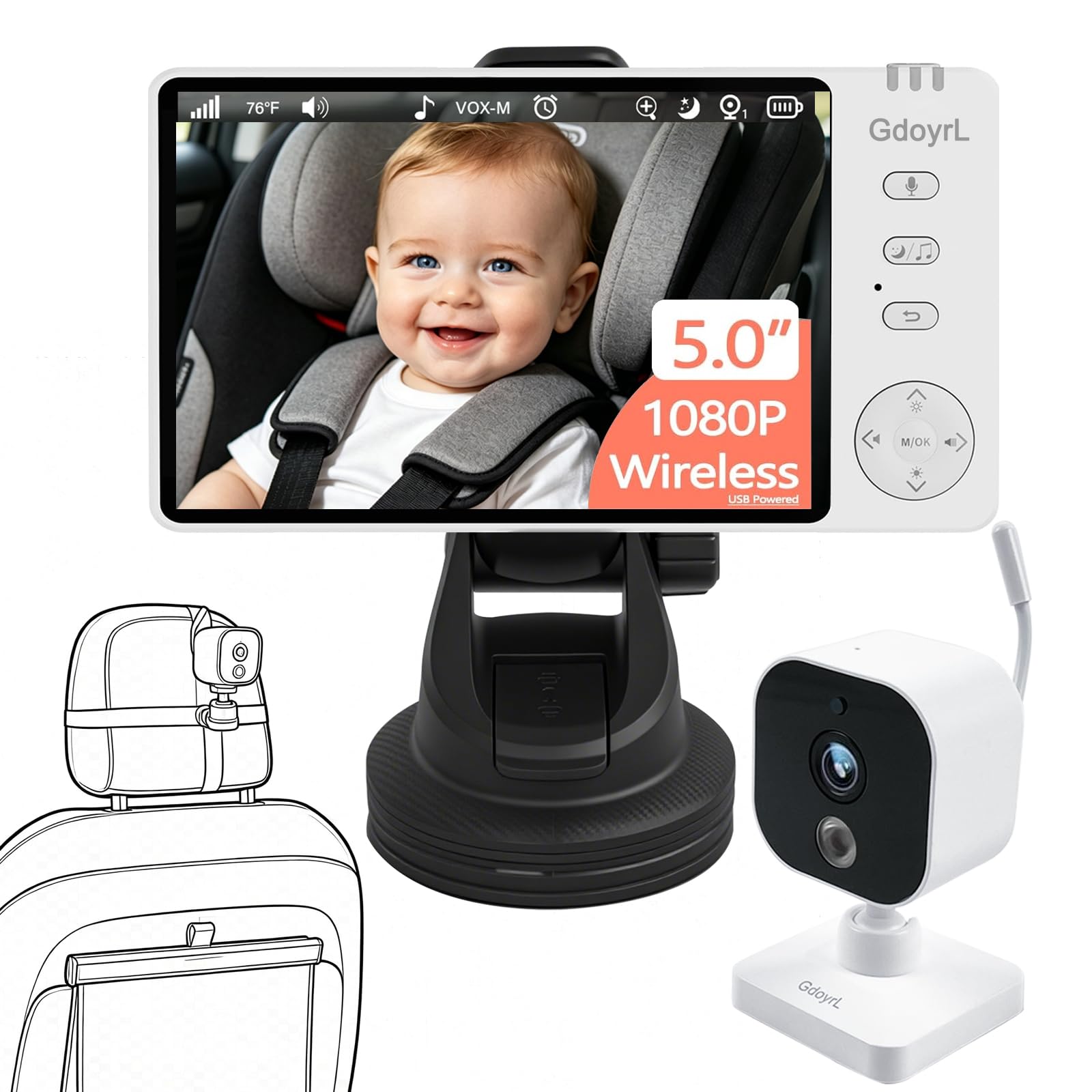 Wireless Baby Car Camera for Rear Facing Seat 5" Monitor