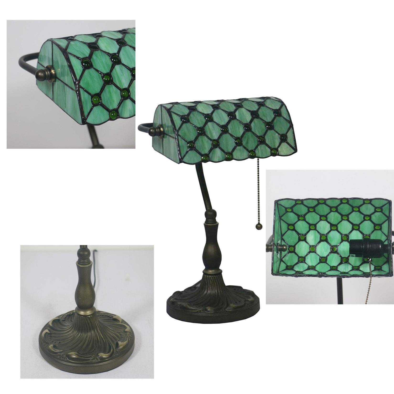 Lampa bankierska z witrażowym abażurem 25 cm z kryształowymi koralikami, lampa biurkowa w stylu vintage, do czytania, pracy, ręcznie robiony prezent, zielona niespodzianka (niebieska)
