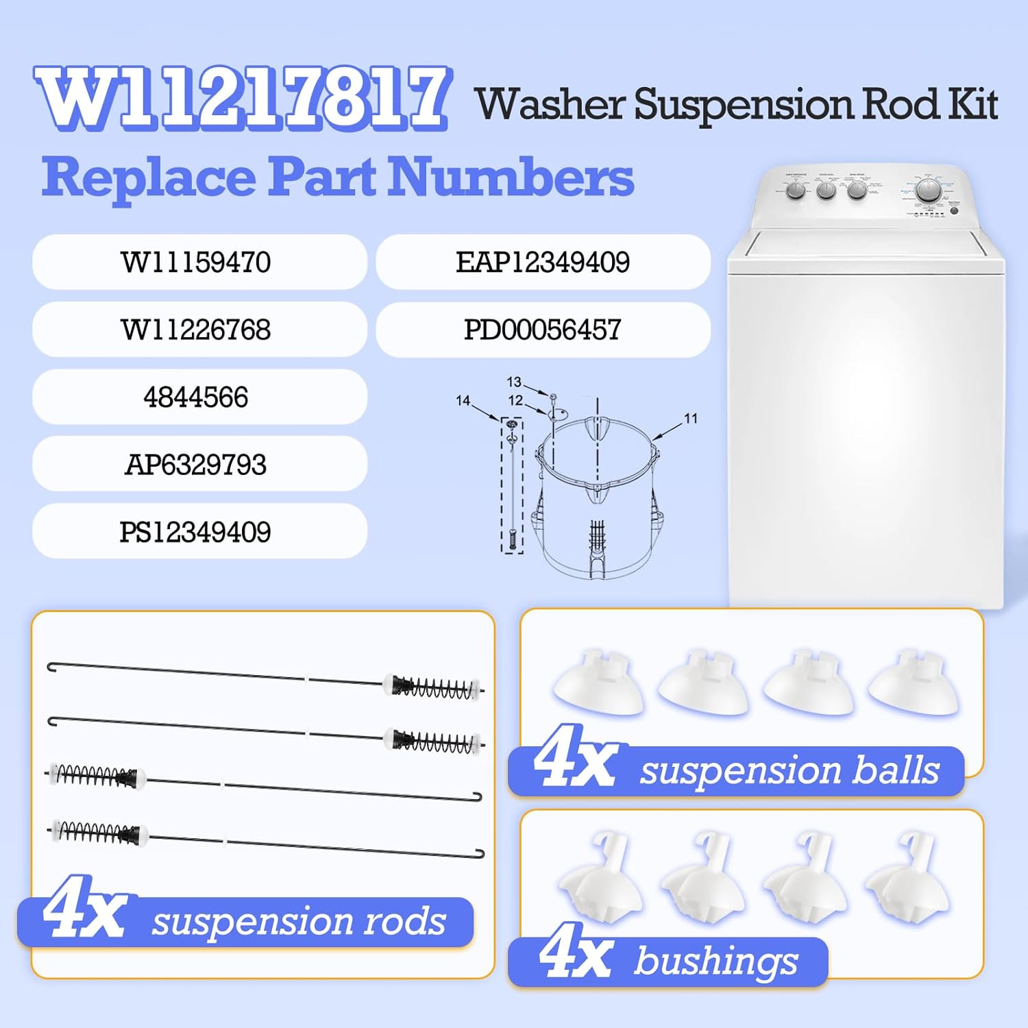 Upgrade (2026) W11217817 Washer Suspension Rod Kit 4pcs Compatible with Whirlpool Kenmore Maytag Amana Crosley Admiral Washer, Replacement Part W11159470 W11226768 4844566 AP6329793 PS12349409