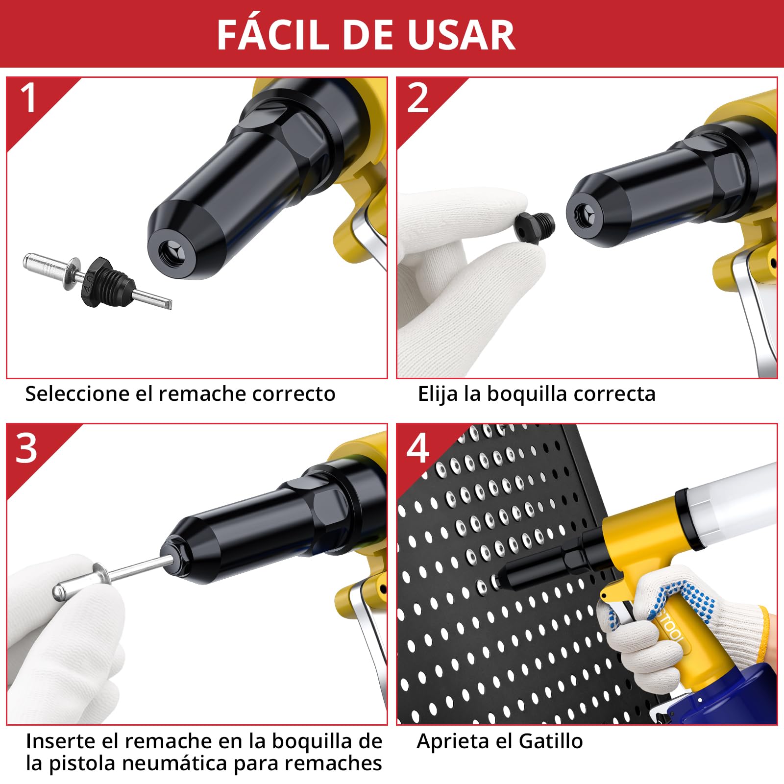 JUSTOOL Remachadora Neumática con 4 Boquillas (2.4mm,3.2mm,4.0mm,4.8mm) y 3 Mordazas,1408KGF Pistola de Remachadora para el Mantenimiento de Automóviles y Embarcaciones