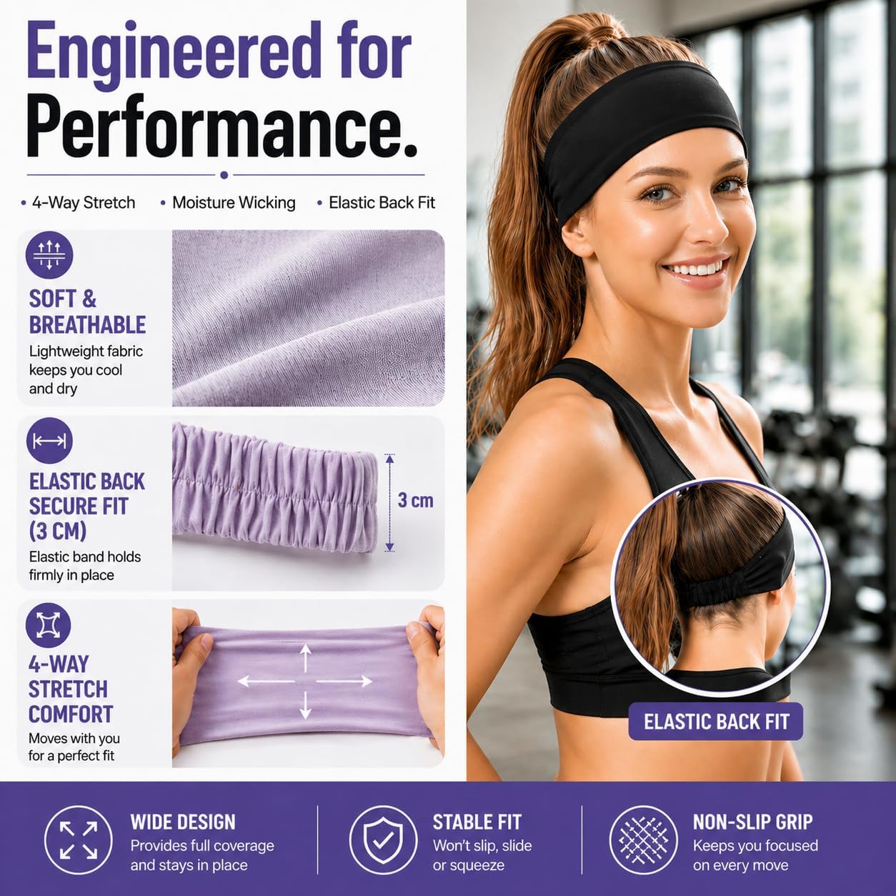 6 Pack Sweat Headbands for Women, Wide Non Slip Workout & Running Headbands