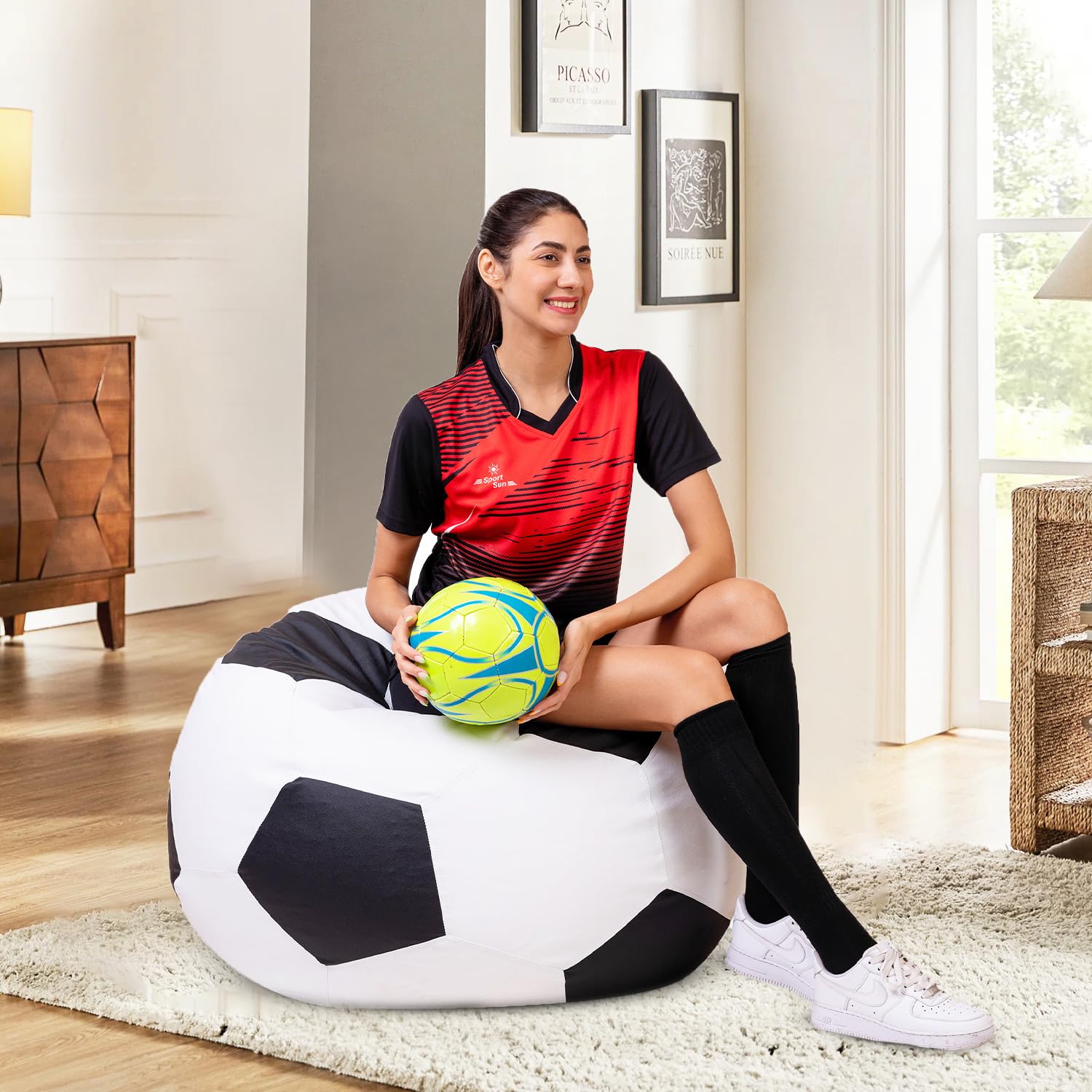 Amazon Brand - Solimo Premium Faux Leather Football Bean Bag, Filled With Beans | Capacity: Upto 6 Ft 3 In Height, 120 Kg Weight | Iconic Football Shape | 3Xl | White And Black (B08GRYC1HS) Amazon Price History, Amazon Price Tracker