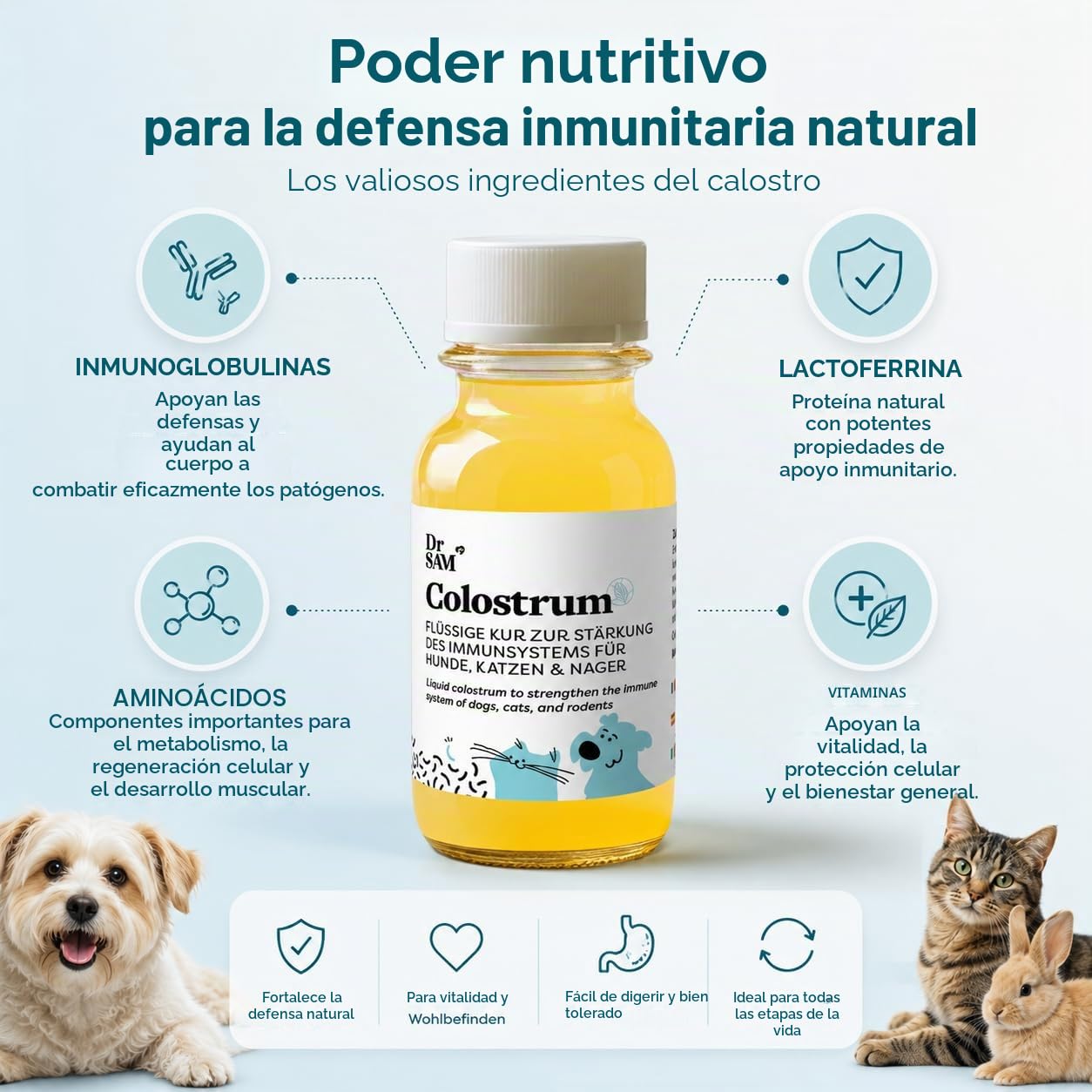 Dr. SAM Calostro para gatos y perros – Tratamiento para fortalecer el sistema inmunológico, natural y especialmente baja en lactosa, calostro de vaca para defensa inmune, fabricado en Alemania, 125 ml