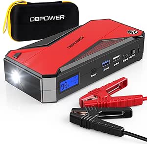 DBPOWER Peak 1600A 18000mAh Portable Car Jump Starter (up to 7.2L Gas, 5.5L Diesel Engine) Battery Booster with Smart Charging Port, Compass, LCD Screen and LED Light (Black/Red)