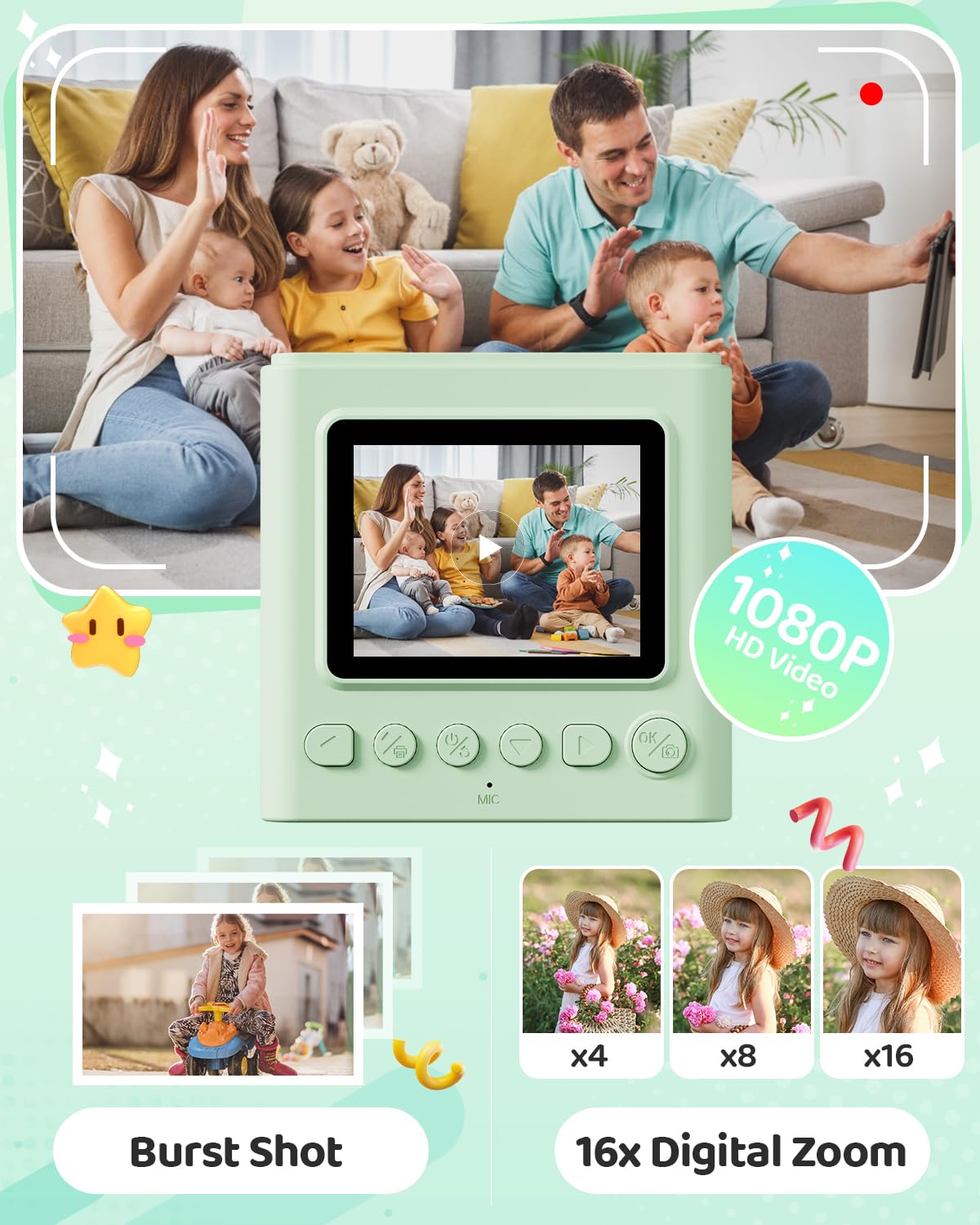 TIATUA Macchina Fotografica Bambini Istantanea, 2.4 Pollici 1080P Fotocamera Digitale Bambini con 32GB Scheda & Papier Photo, Regalo di Natale per Bambini dai 3-12 Anni