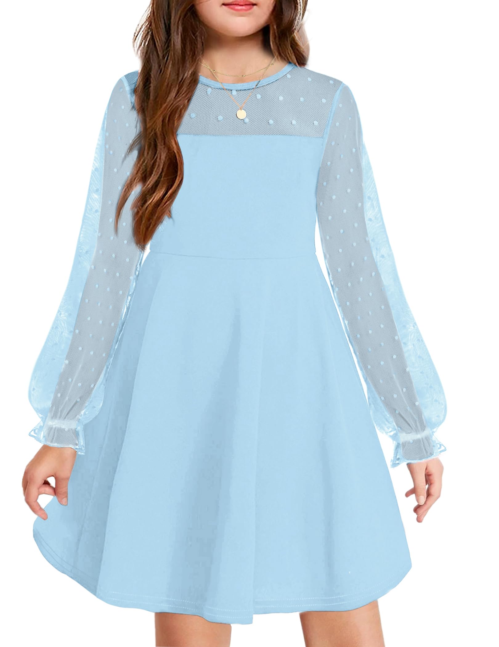 ArshinerGirl's Contrast Mesh Puff Long Sleeve High Waist A Line Short Dress with Pockets for 6-13 Years