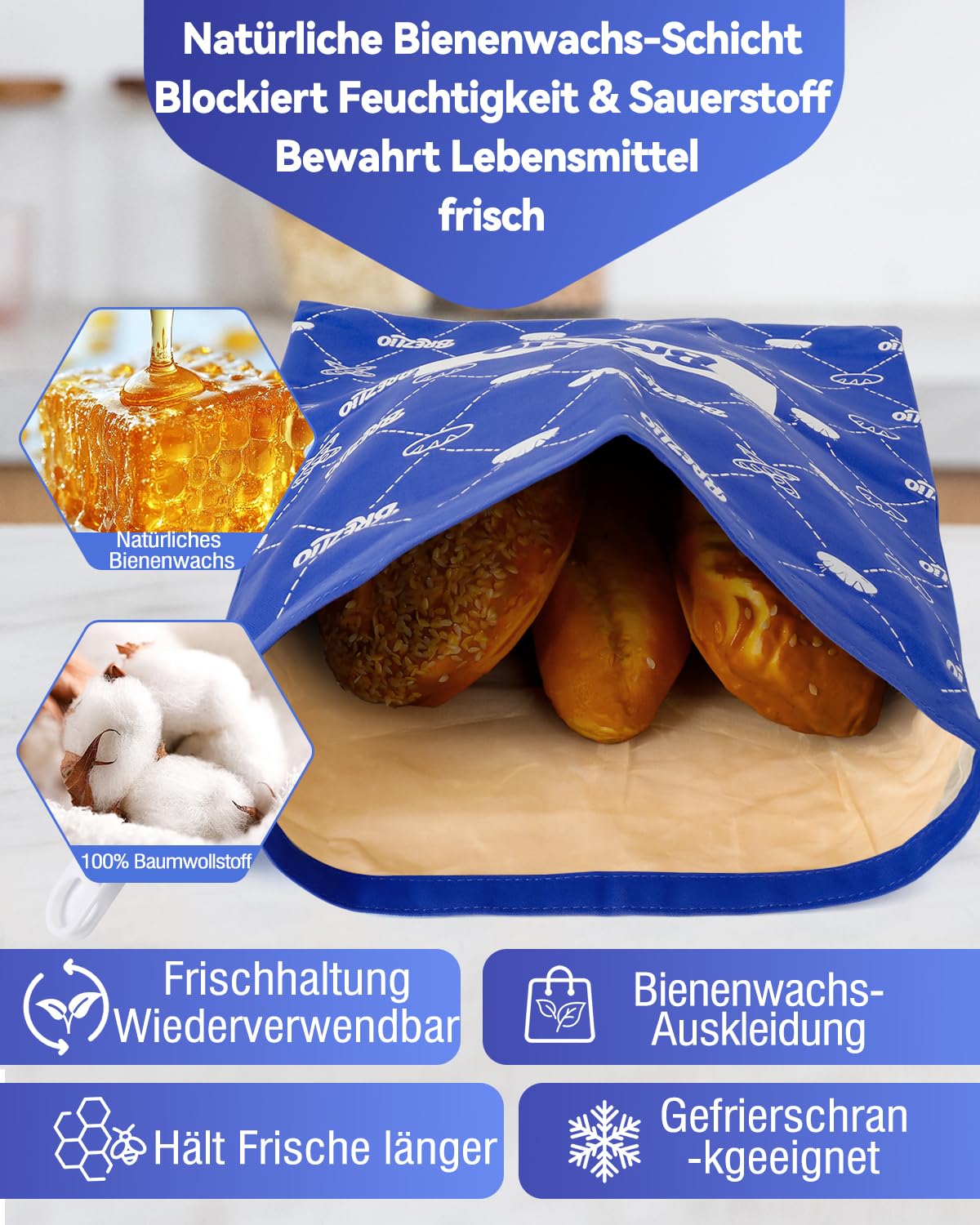 Sacchetti per il pane di cera d'api 2 pezzi – sacchetti di cotone riutilizzabili 32 × 43 cm extra grandi – per mantenere il pane e i prodotti da forno (blu + giallo)