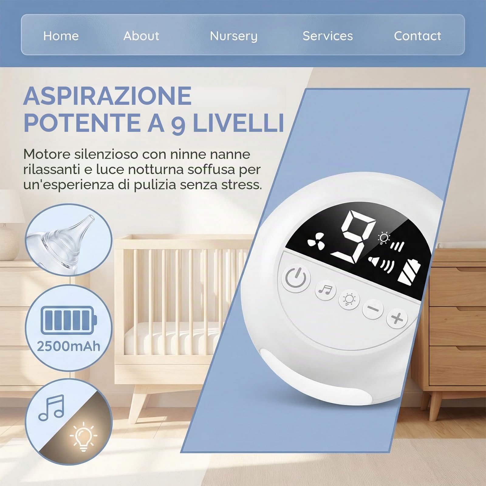 Aspiratore nasale elettrico per bambini, 65 kPa, forte aspirazione e 9 livelli, silenzioso | Con musica e luce, ricaricabile, 3 misure di ugelli in silicone alimentare, per neonati e bambini