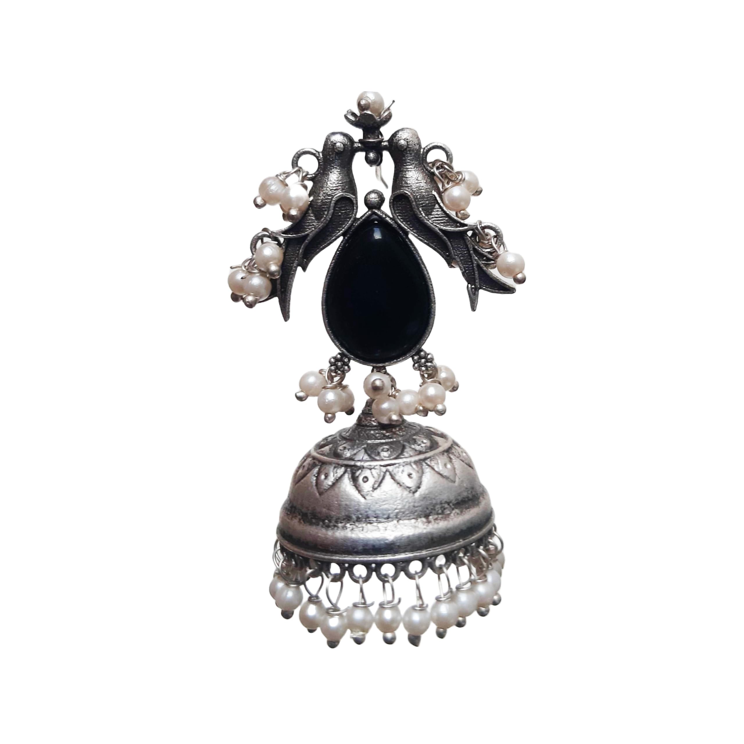 GenericJhanak Collection Black Stone Jhumka Earrings with Ghungroo & 2 Birds – Lightweight Brass, Hypoallergenic Silver Replica for Women & Girls (6.5 cm x 3.5 cm, 20 g, Set of 2)