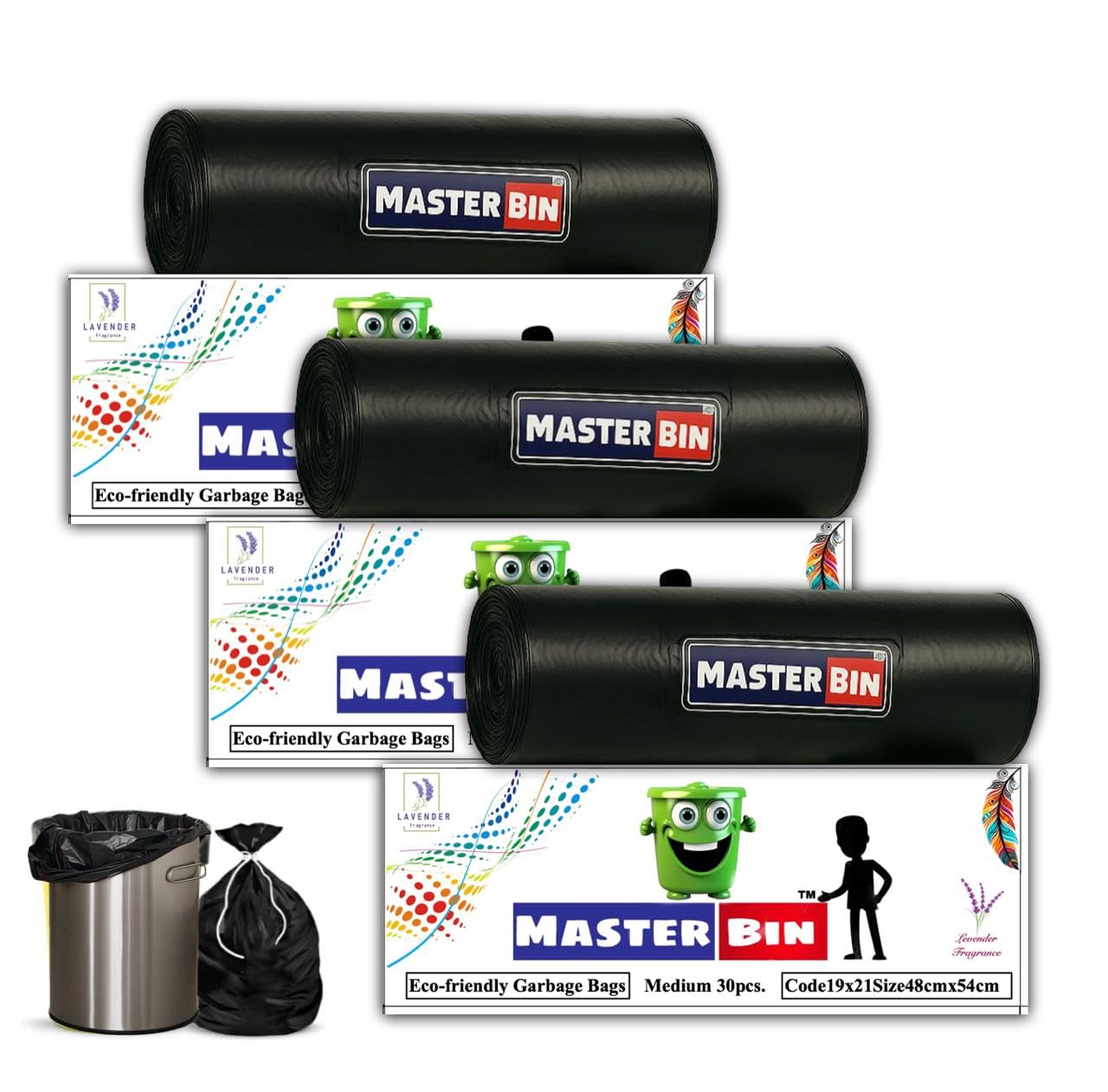 MASTER BIN (lavender Fragrance) scented garbage bags Medium size 19×21 inches/ 90 bags(pack of 3 rolls with 30 bags each) for Dustbin Bag/transh Bag(Black) perforated box for easy Dispensing-picture-36
