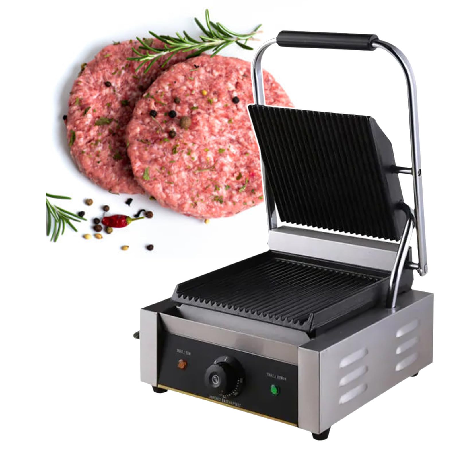 SENJINGHUA Electric Contact Grill, 1800W Stainless Steel Steak Maker, Commercial Panini Press, 50°C~300°C Adjustable Temperature, Even Heating, Fast Heating,110V